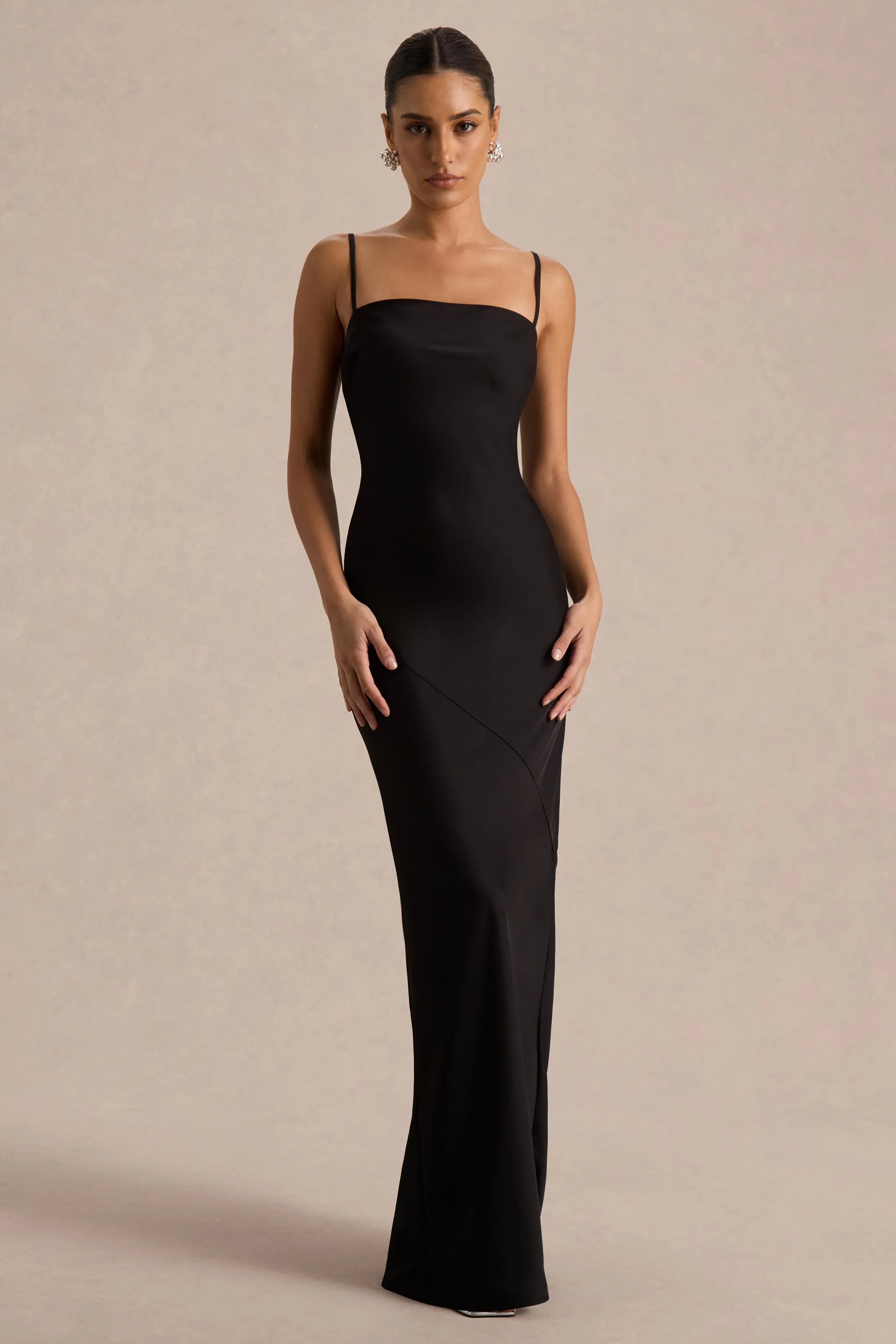 Yoli | Black Satin Maxi Dress With Removable Twist-Cape