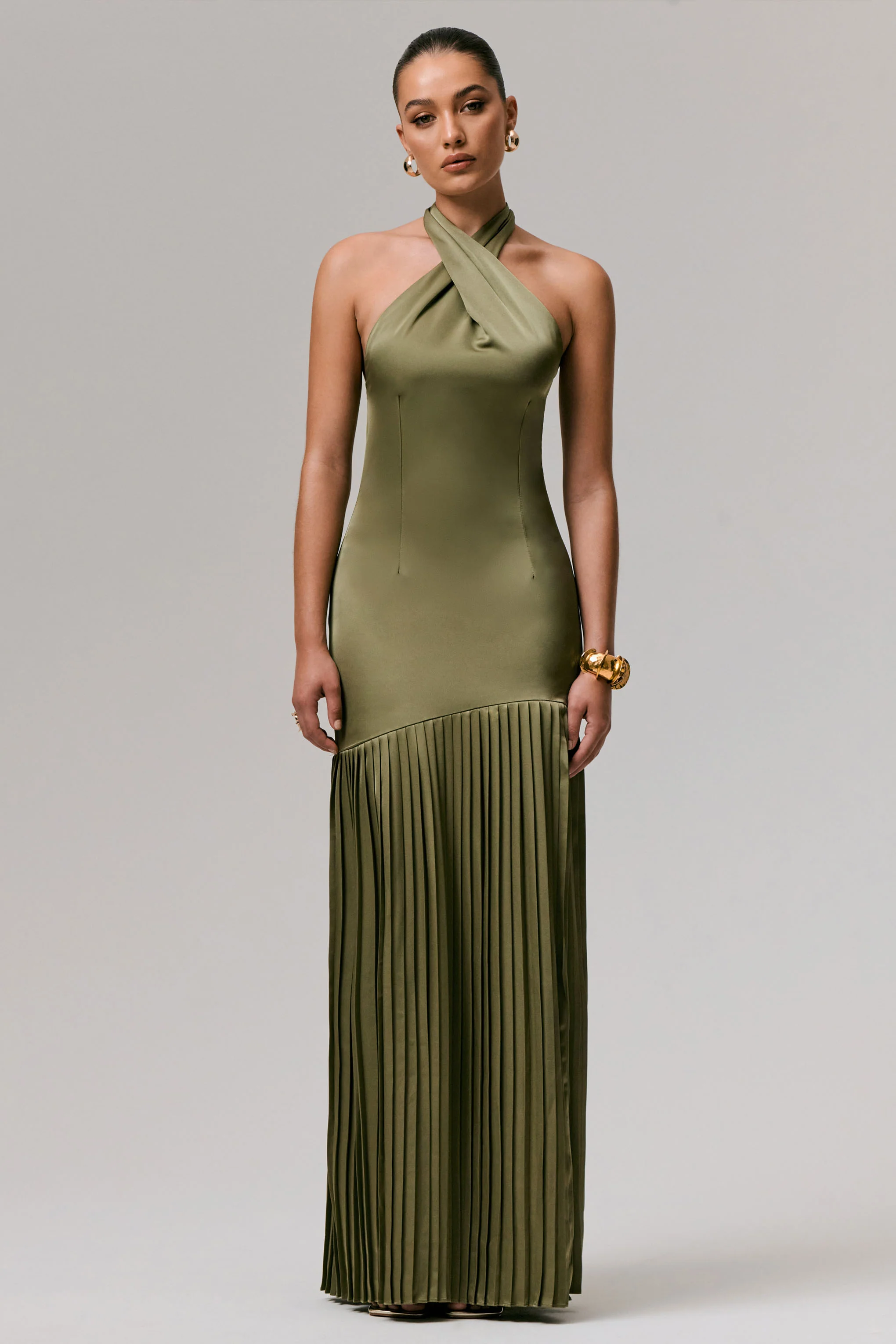 Sansa | Khaki Satin Cross Halter-Neck Plisse Maxi Dress