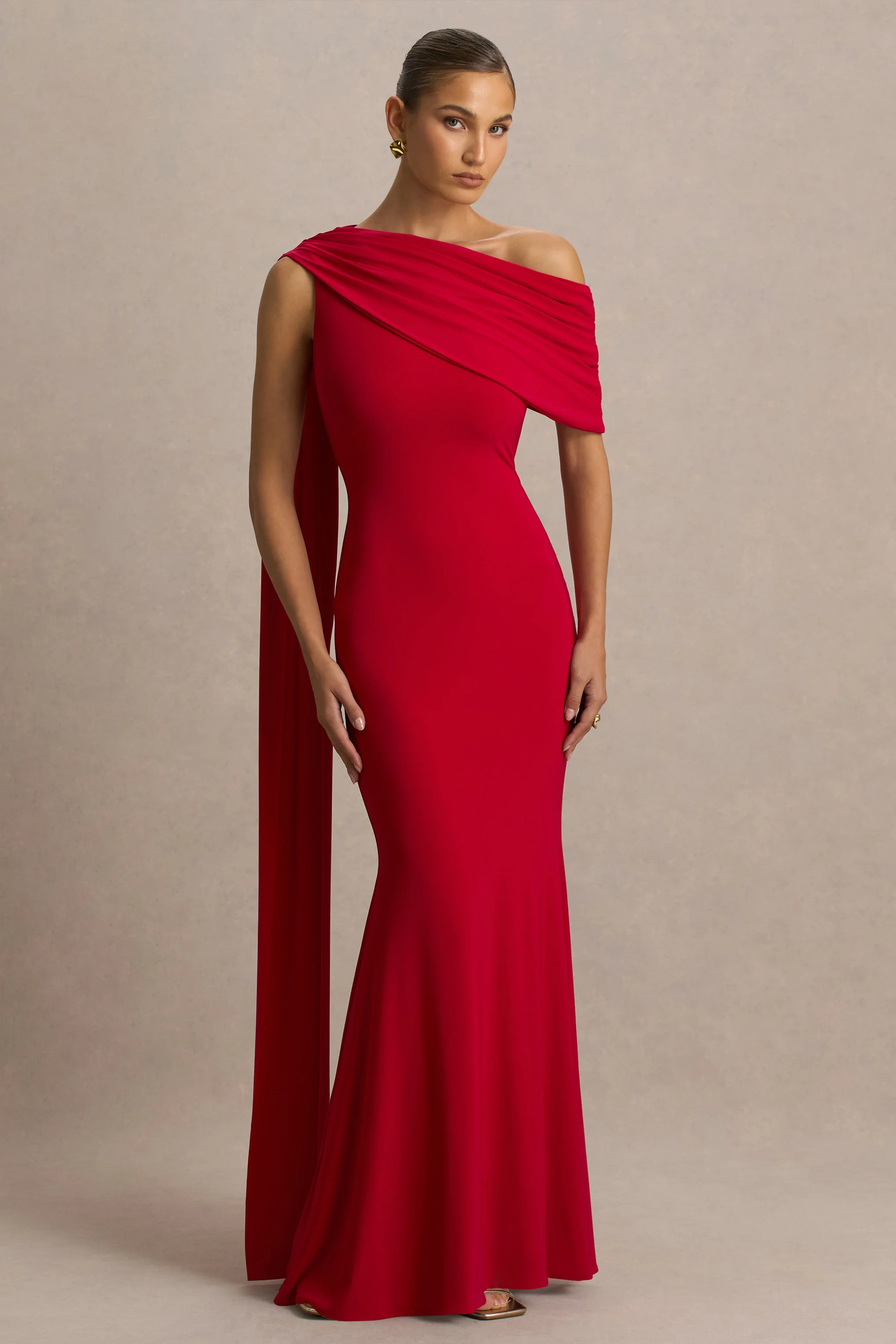 Zendaya | Red Asymmetric-Neck Fishtail Maxi Dress With Sash