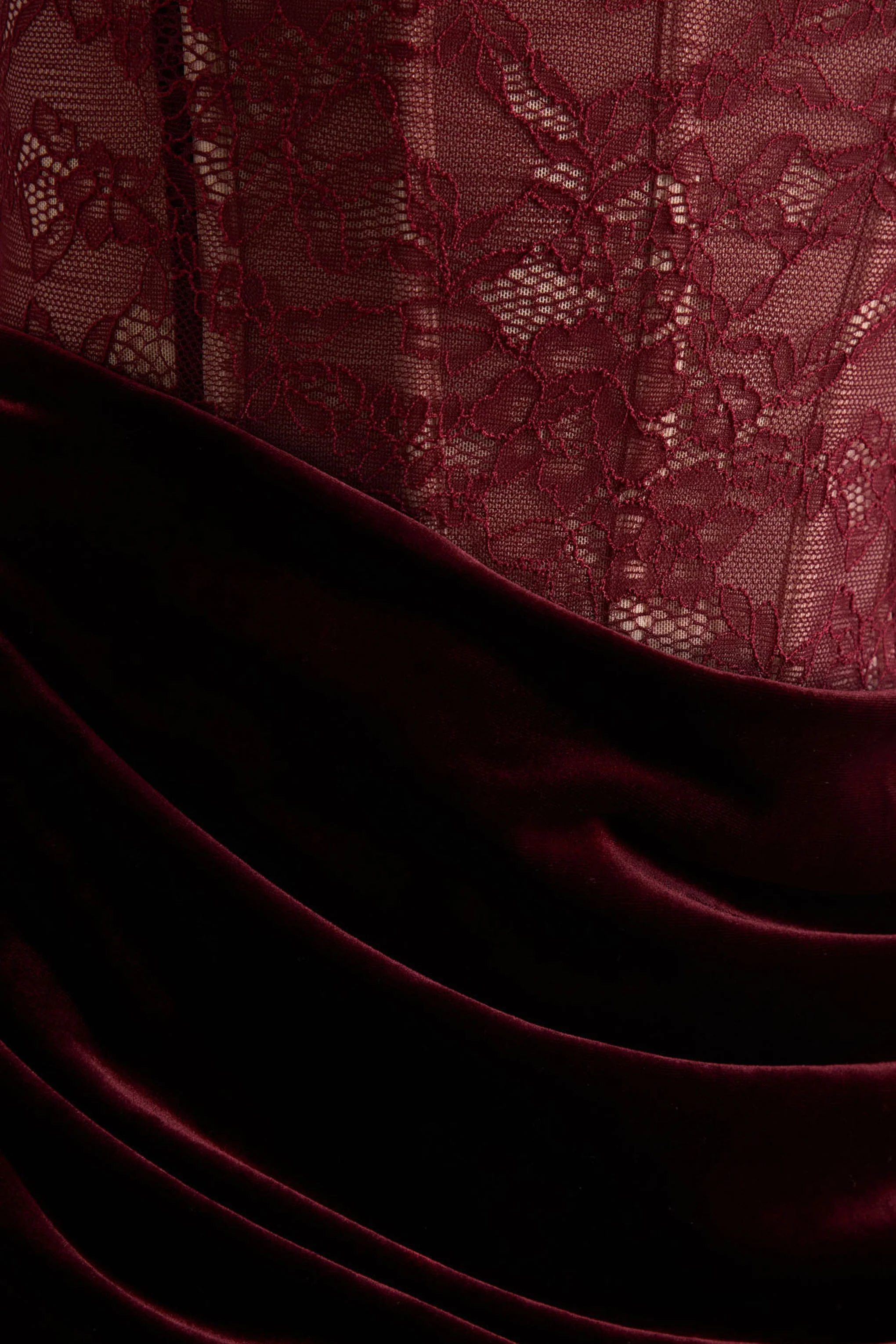 Finesse | Burgundy Lace And Velvet Square-Neck Maxi Dress With Draped Skirt