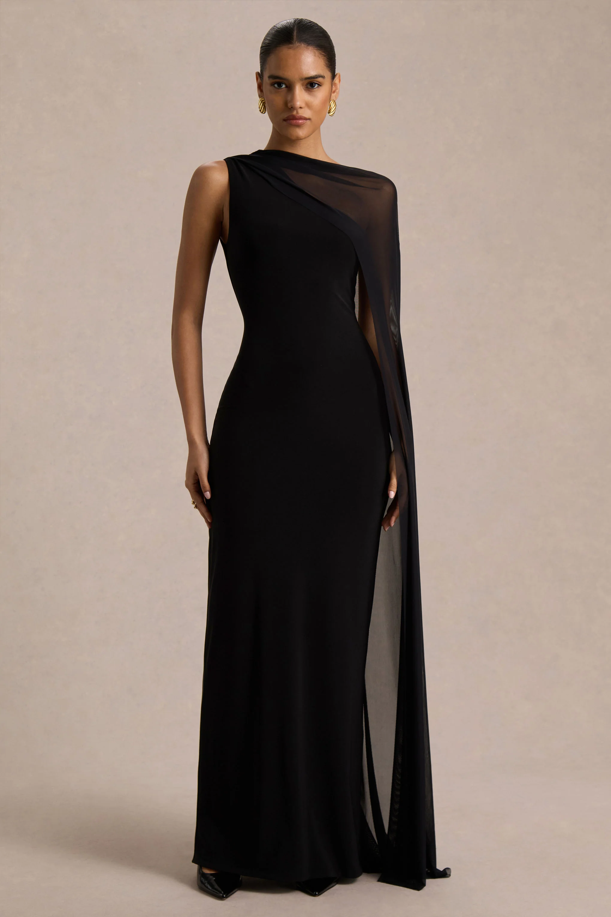 Mirelle | Black Asymmetric-Neck Maxi Dress With Sheer Cape-Sleeve