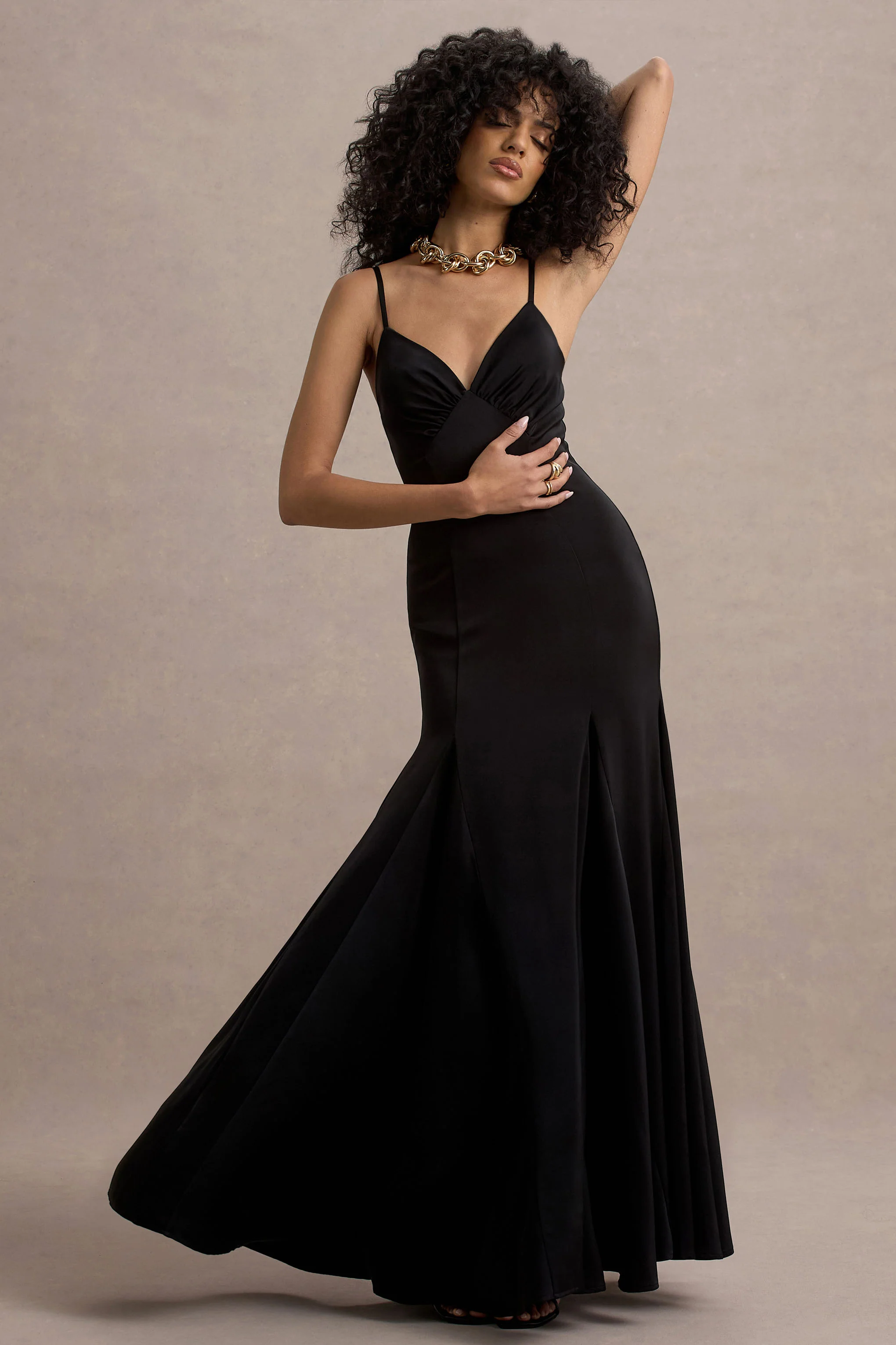 Ashly | Black Satin Maxi Dress With Volume Hem