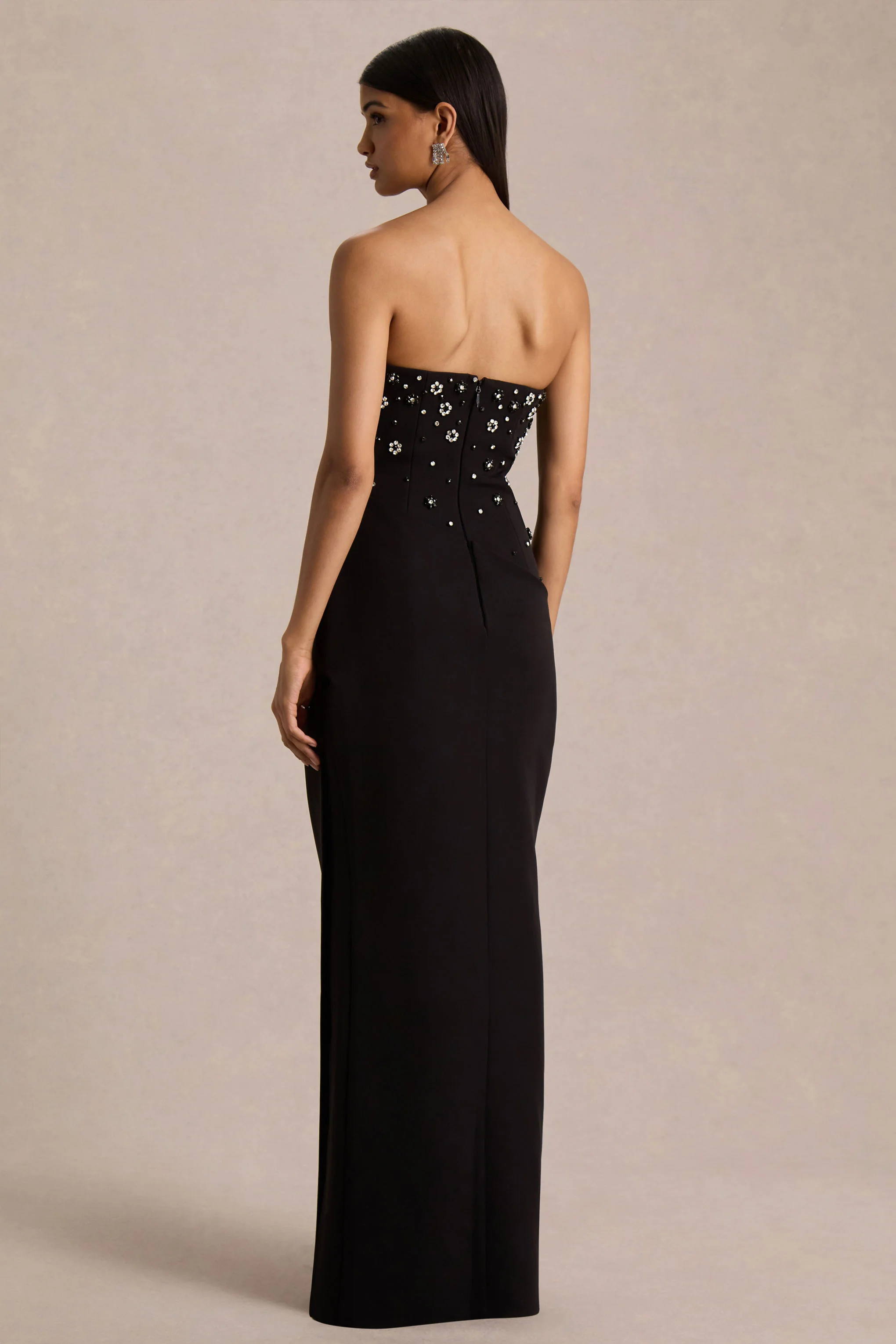 Saphira | Black Hand-Embellished Bandeau-Neck Maxi Dress