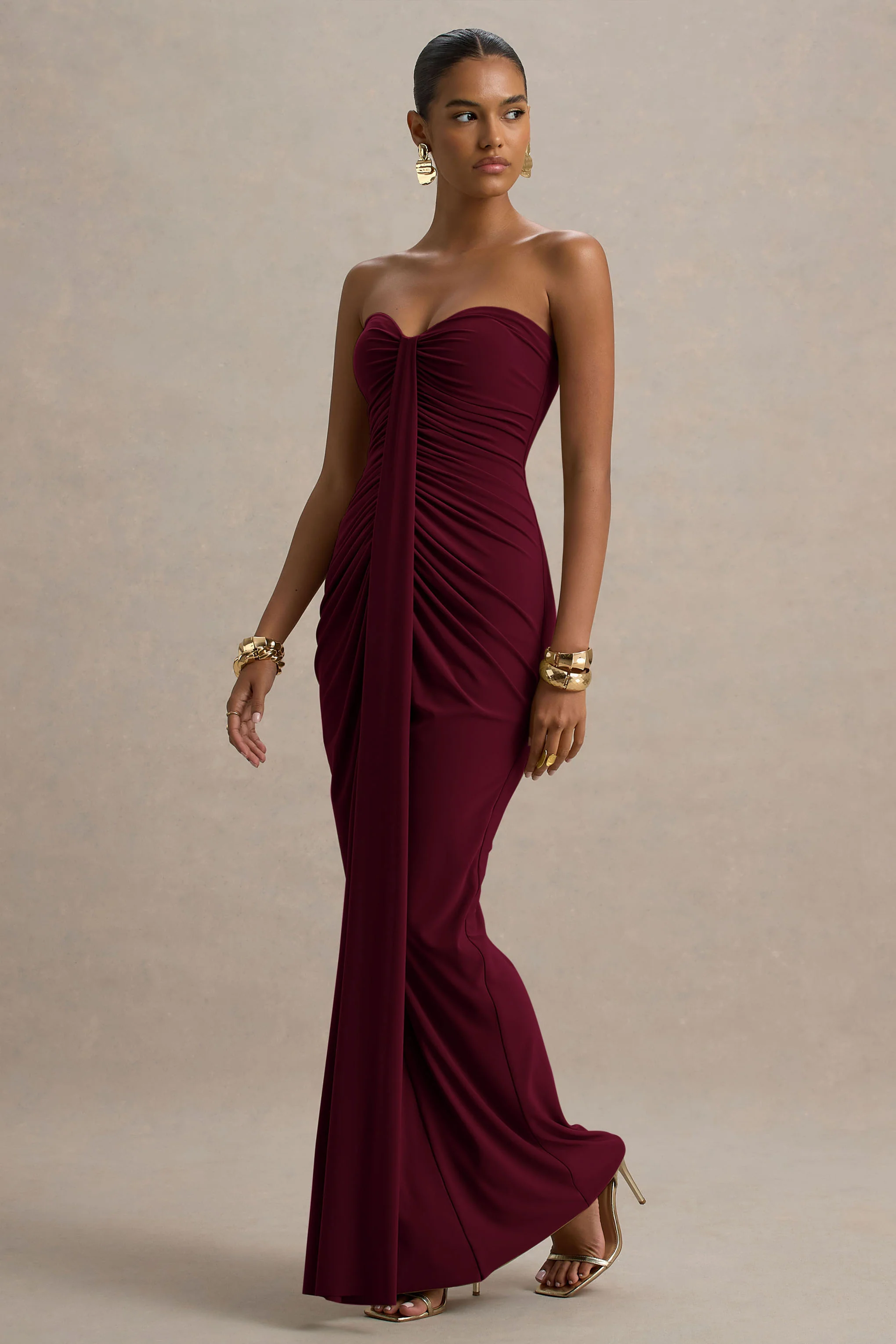 Ali | Burgundy Sweetheart Ruched Wrap Maxi Dress
