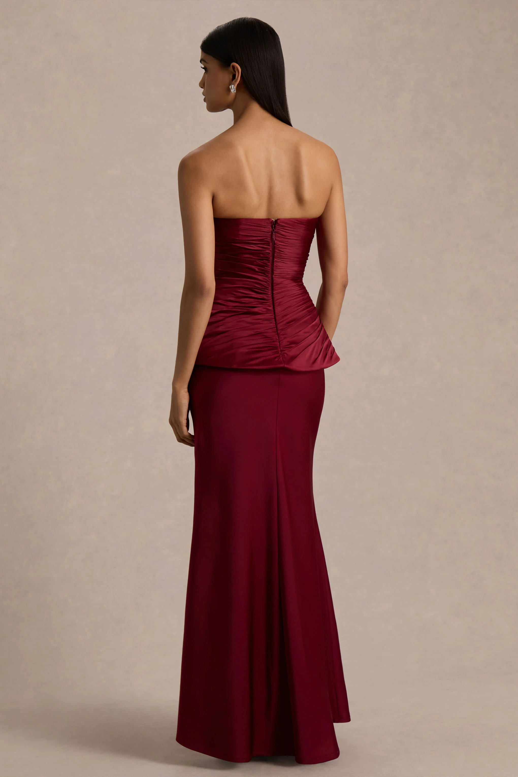Milia | Burgundy Satin Hand-Embellished Strapless Corset Maxi Dress