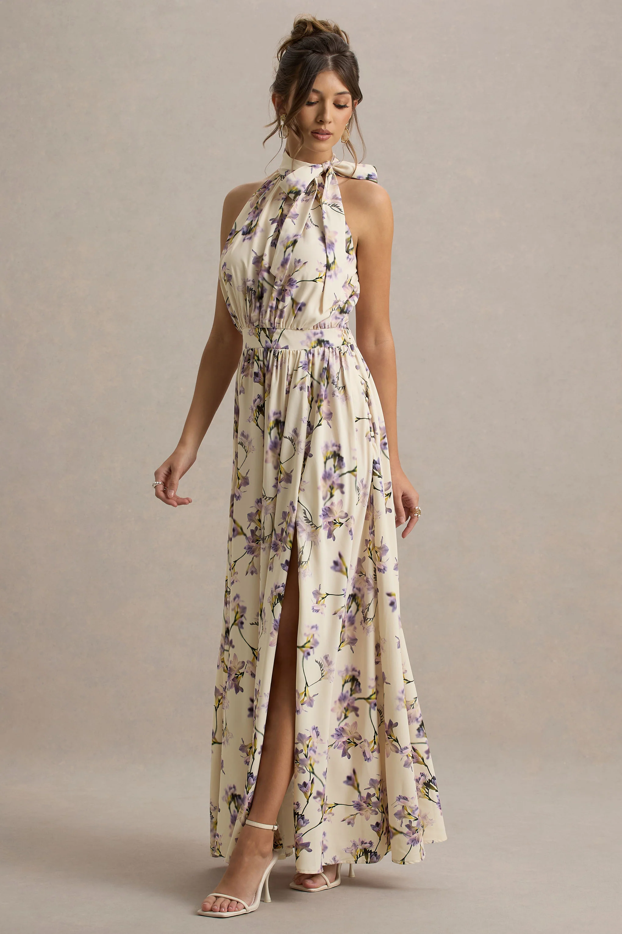 Talia | Lemon Floral Print High-Neck Split Maxi Dress With Bow