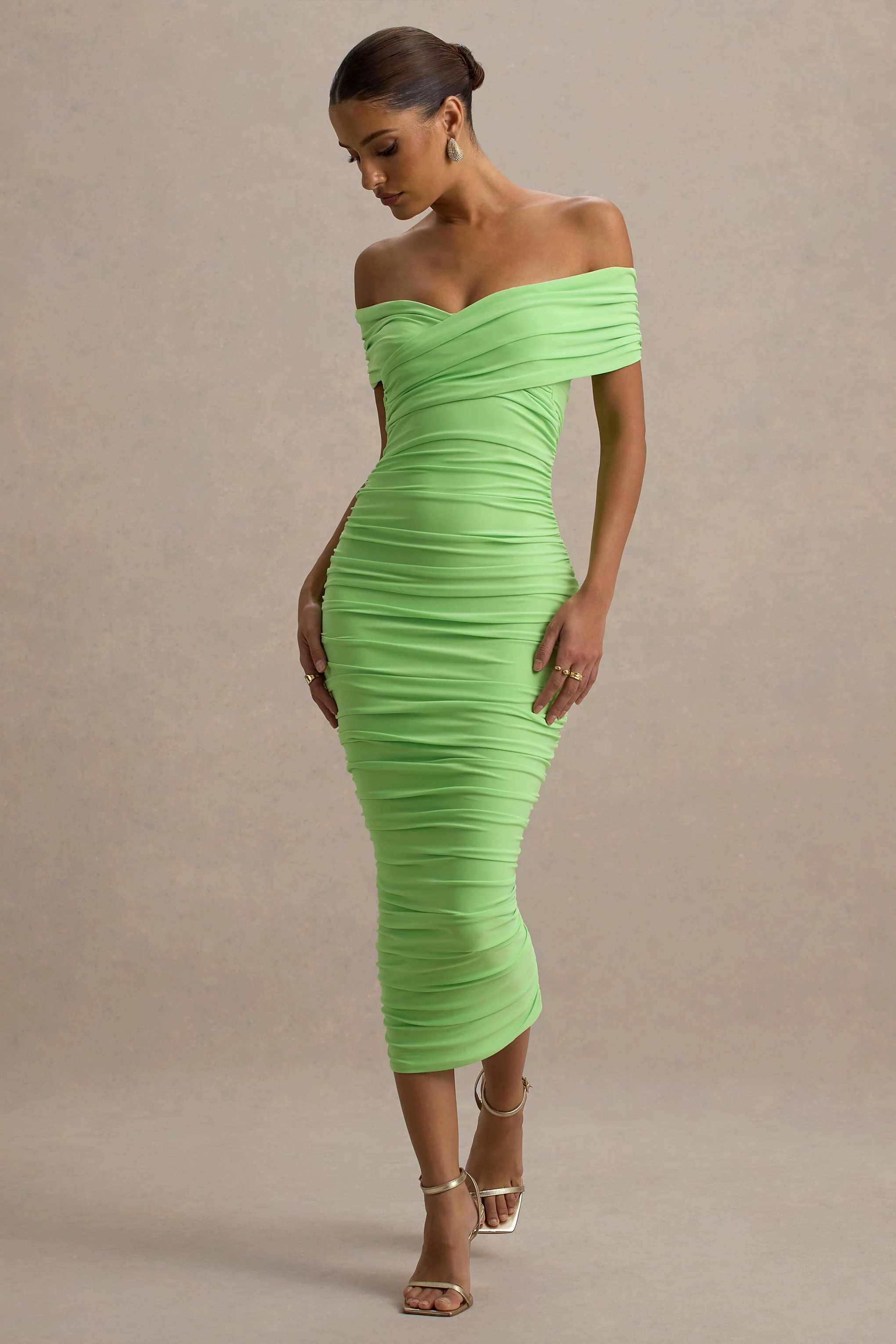 Unwrapped | Light Green Ruched Twist Bardot Midi Dress