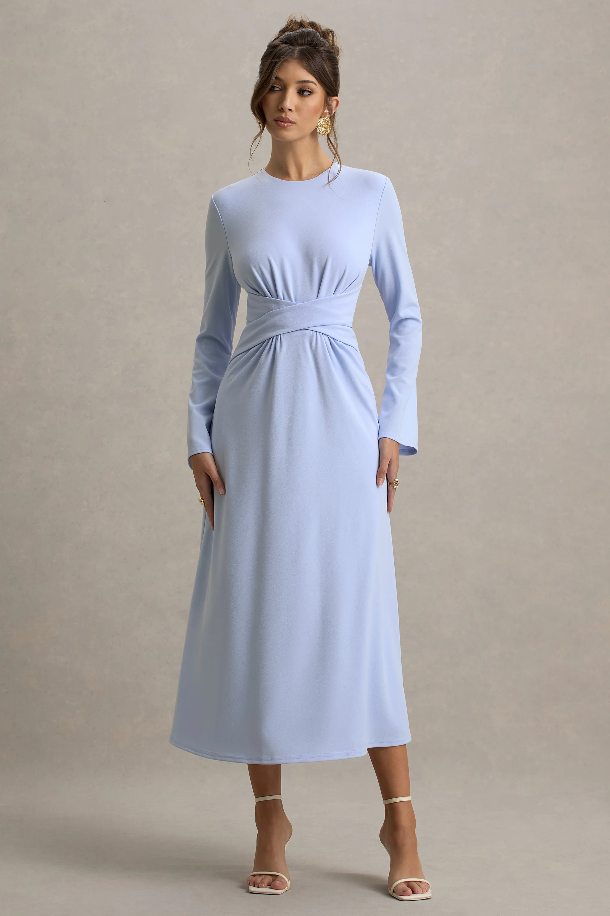 Cassiopeia | Light Blue Long-Sleeve Midi Dress With Cross Waist