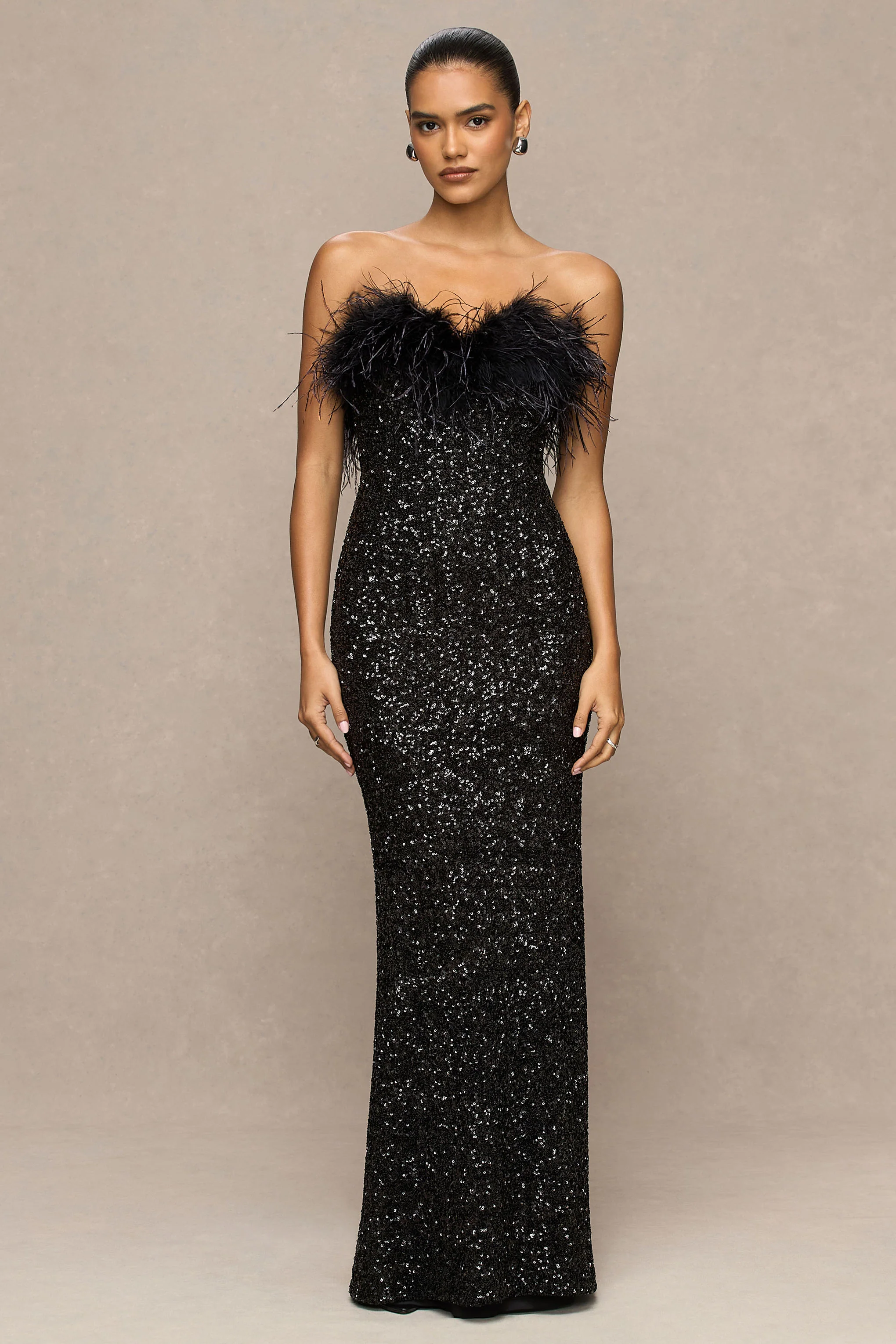 Daze | Black Sequin Bandeau Maxi Dress With Feather-Trim