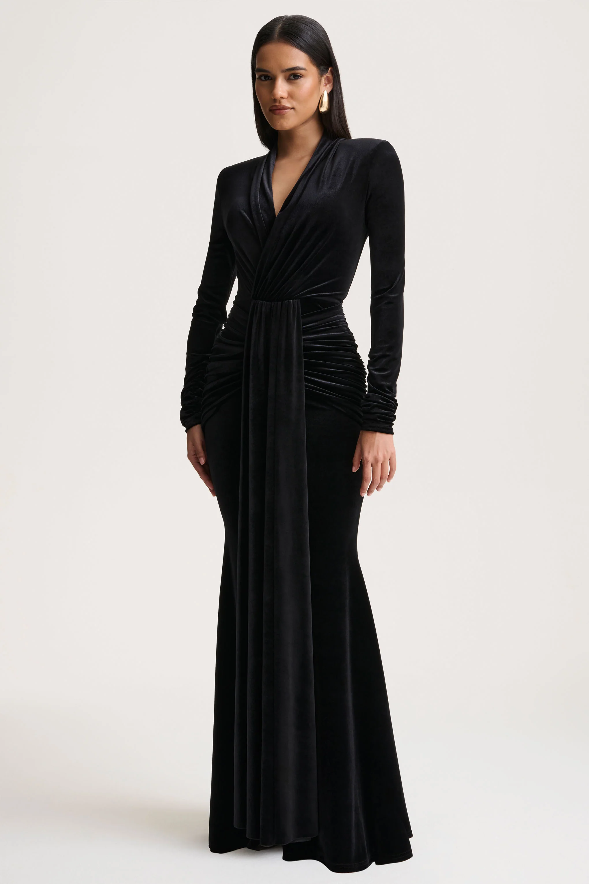 Halima | Black Velvet Plunge-Neck Maxi Dress With Gathered Detailing