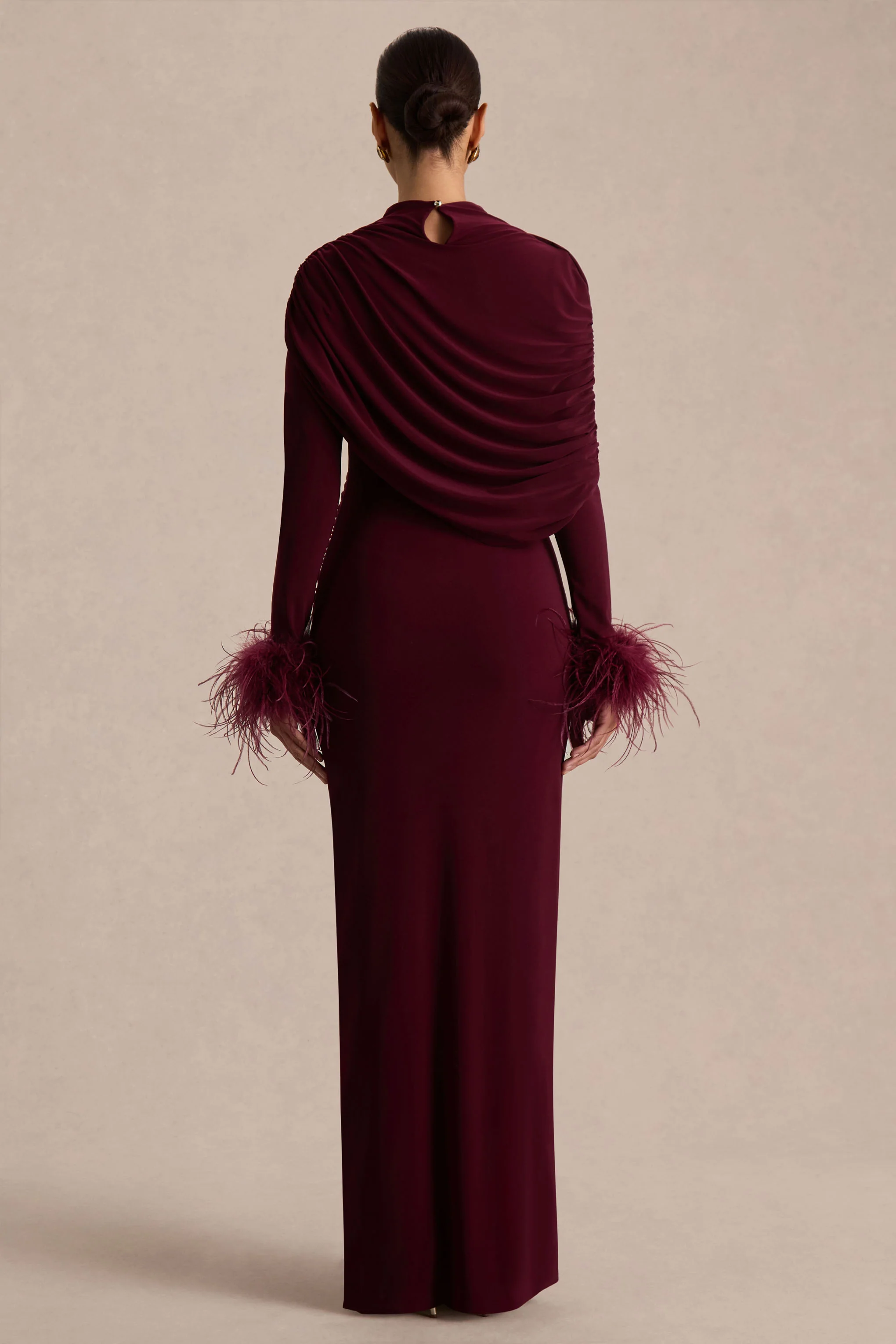Gatsby | Burgundy High-Neck Maxi Dress With Feather Trim Cuffs