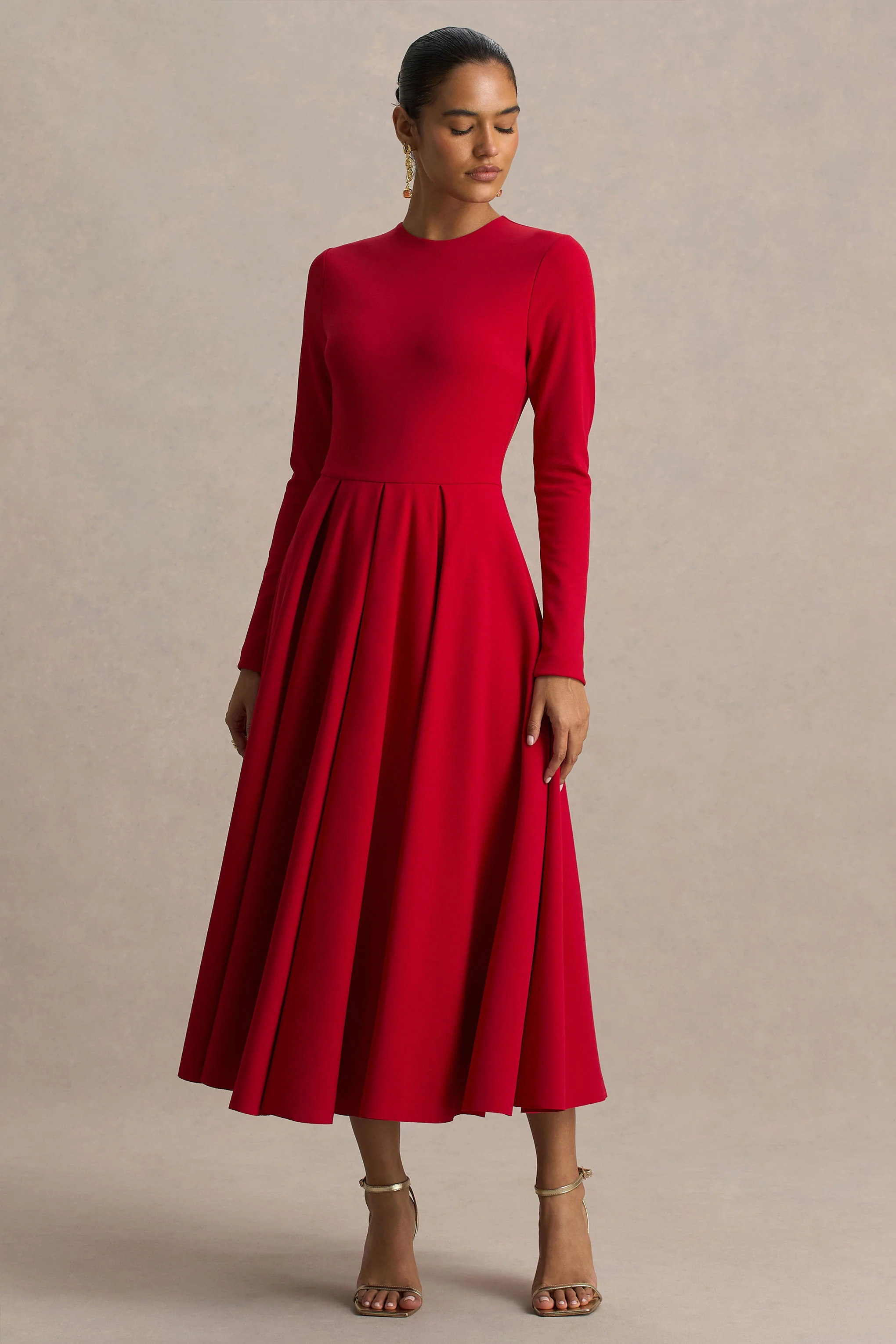 Bellamy | Red Crew-Neck Long-Sleeve Midi Dress