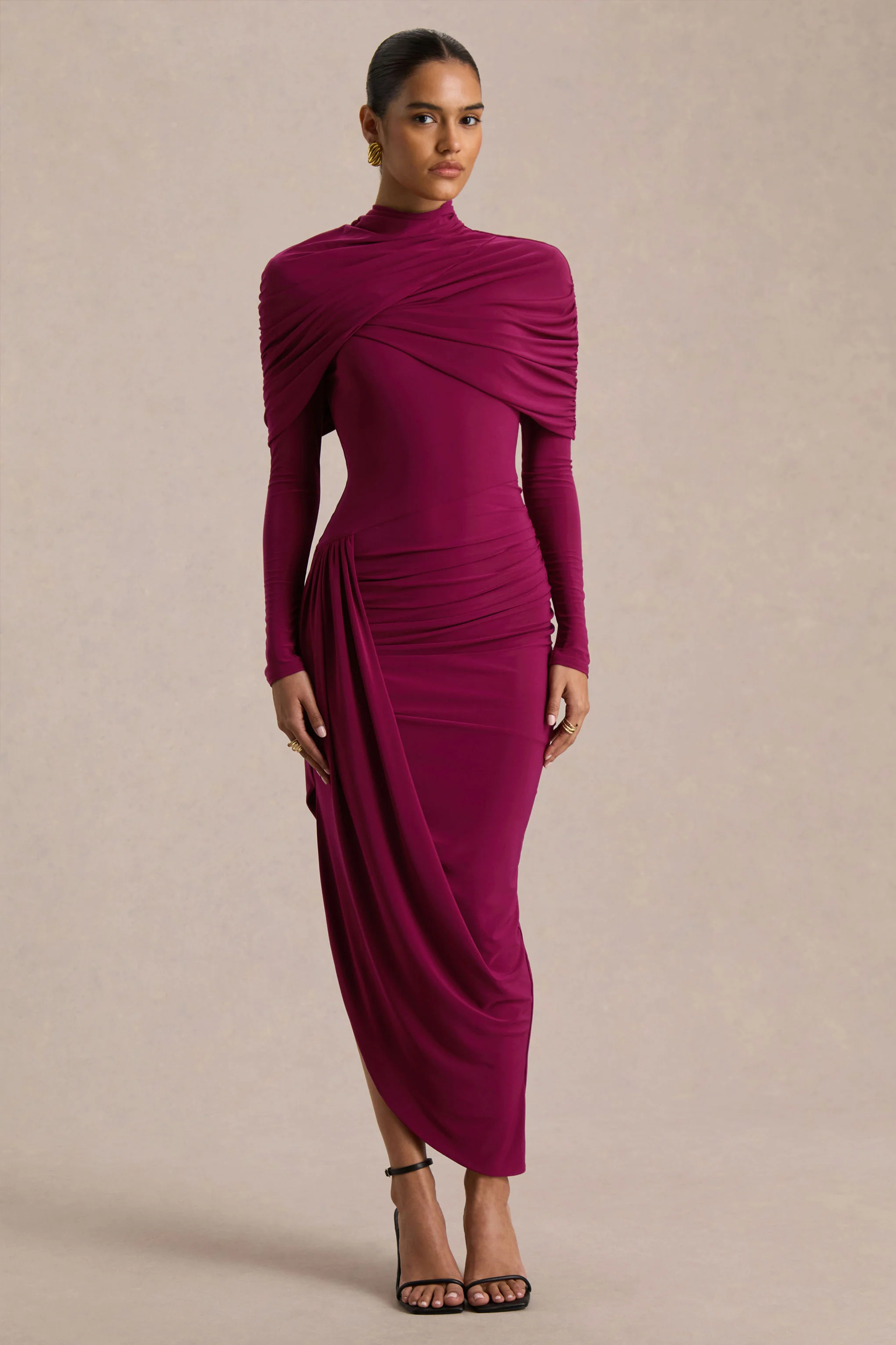 Aneira | Burgundy High-Neck Maxi Dress With Cape Sleeves