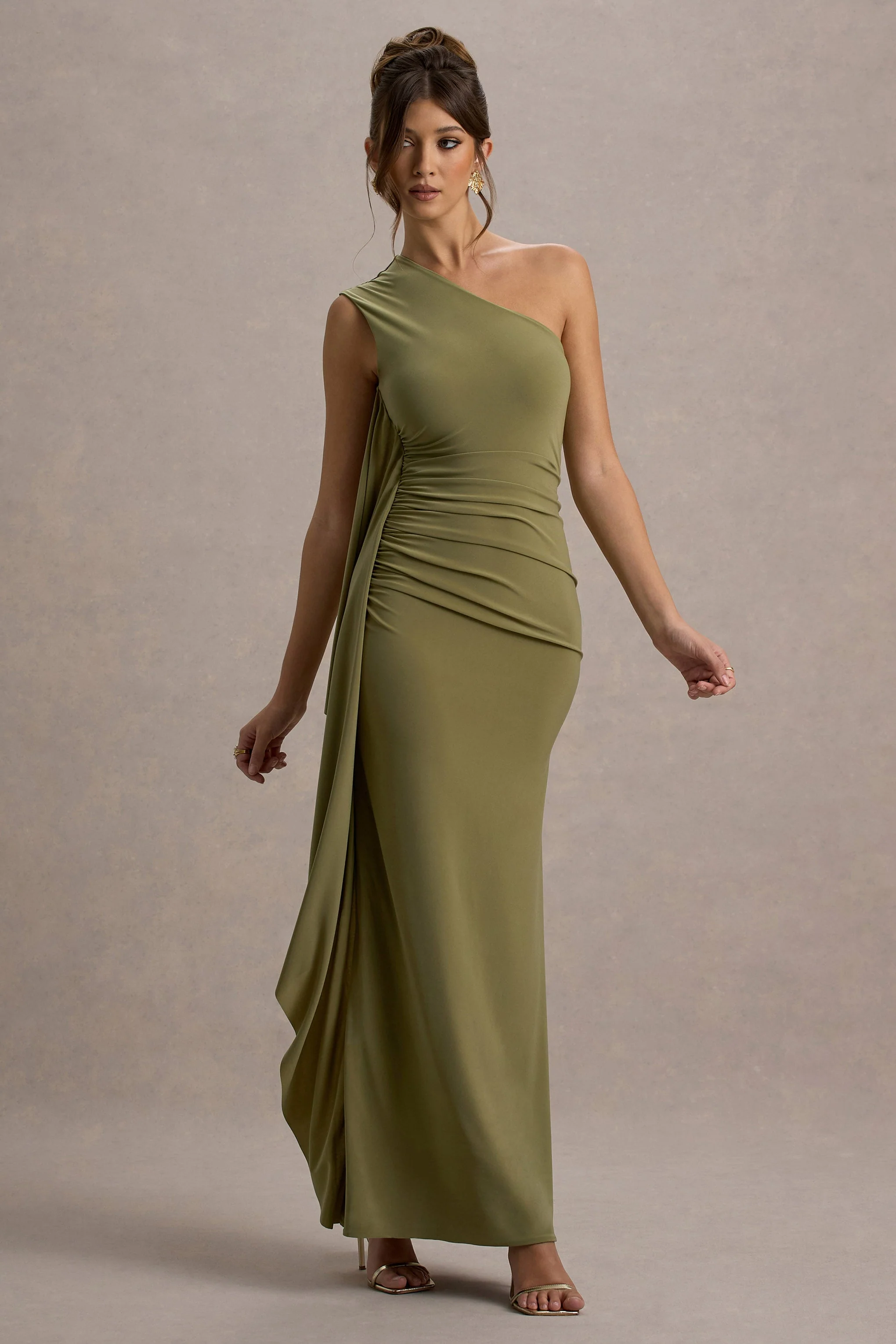 Adelina | Olive One-Shoulder Maxi Dress With Drape