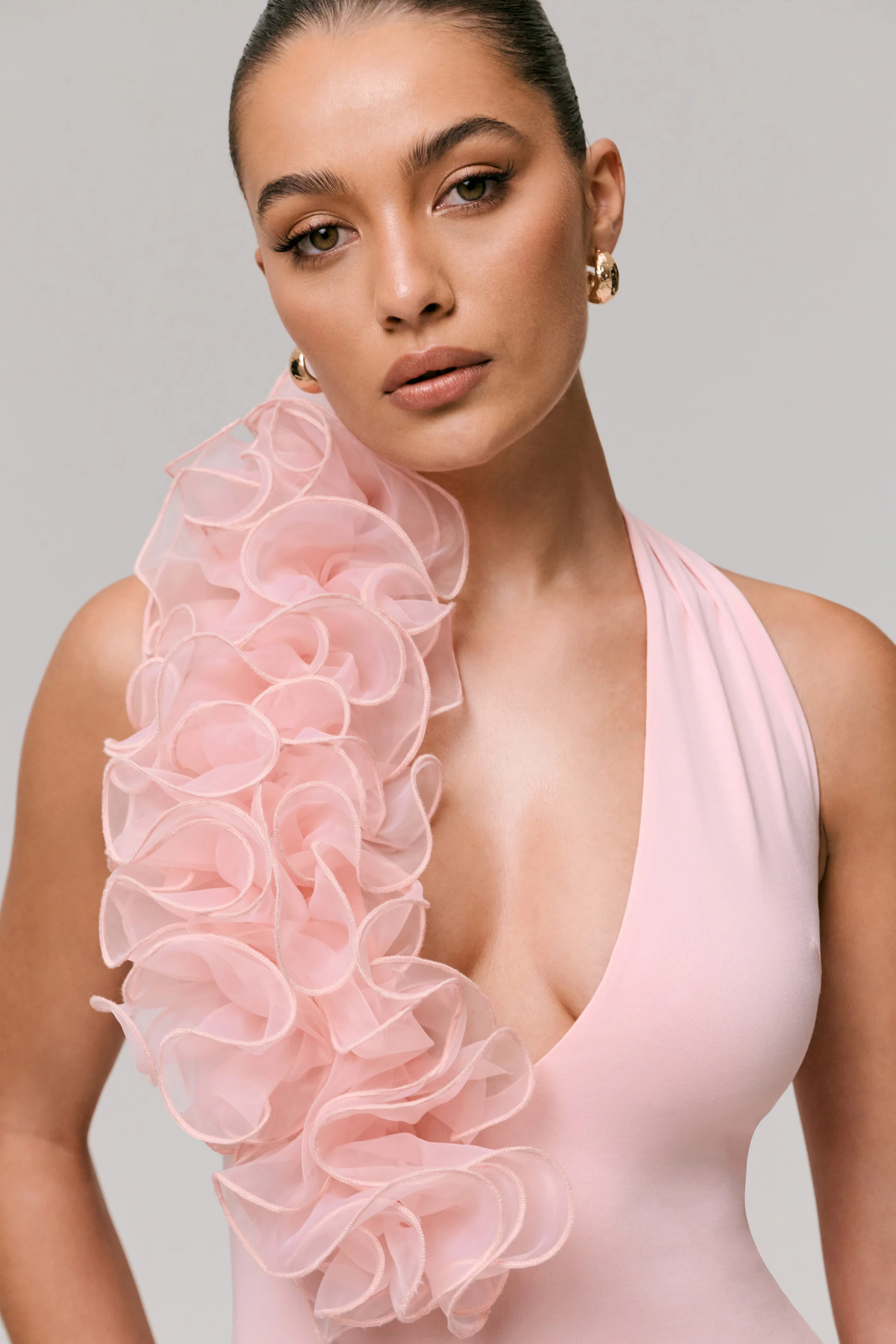 Harriet | Pink Plunge-Neck Maxi Dress With Floral Detail