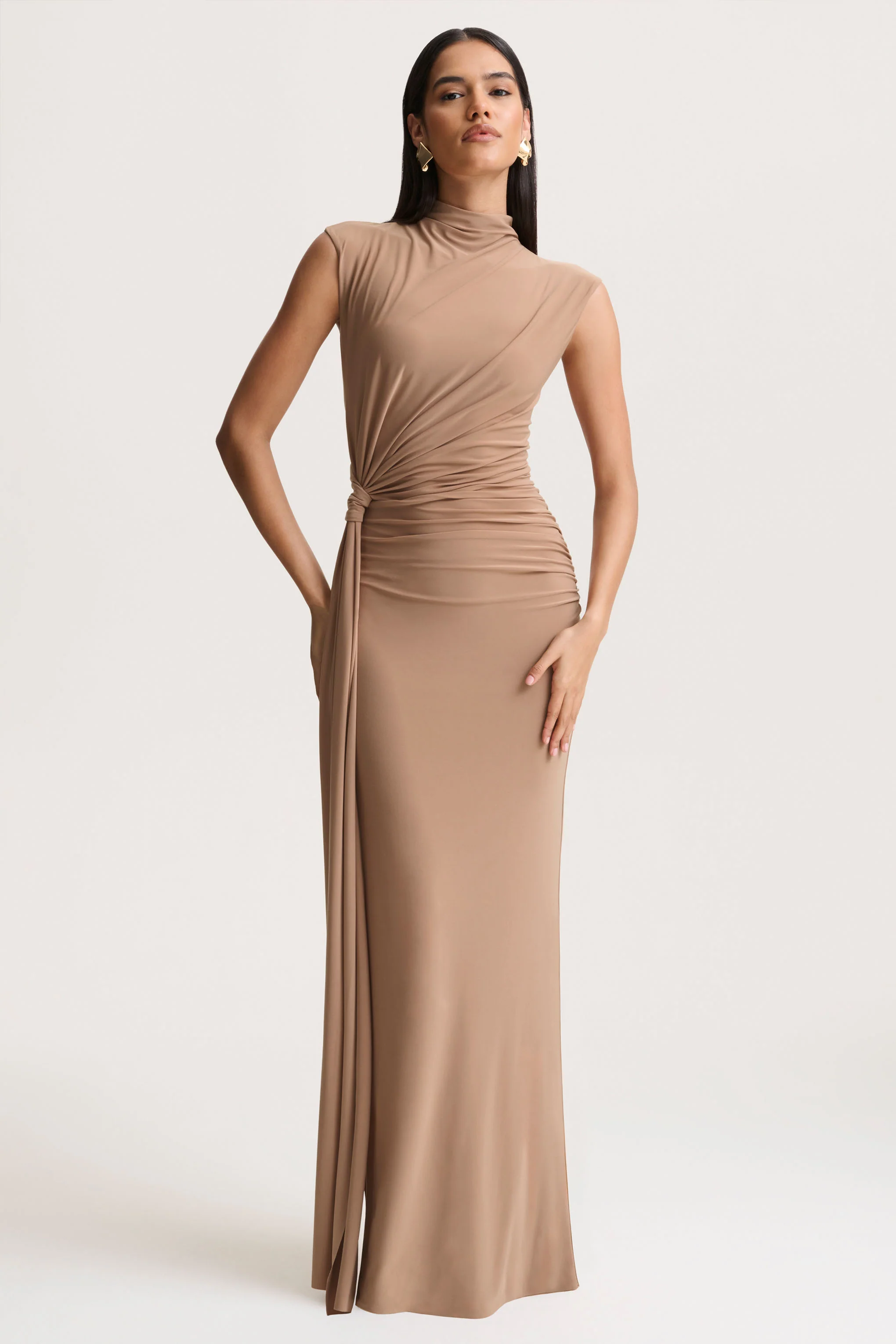Solene | Brown High-Neck Maxi Dress With Wrap And Drape Detail