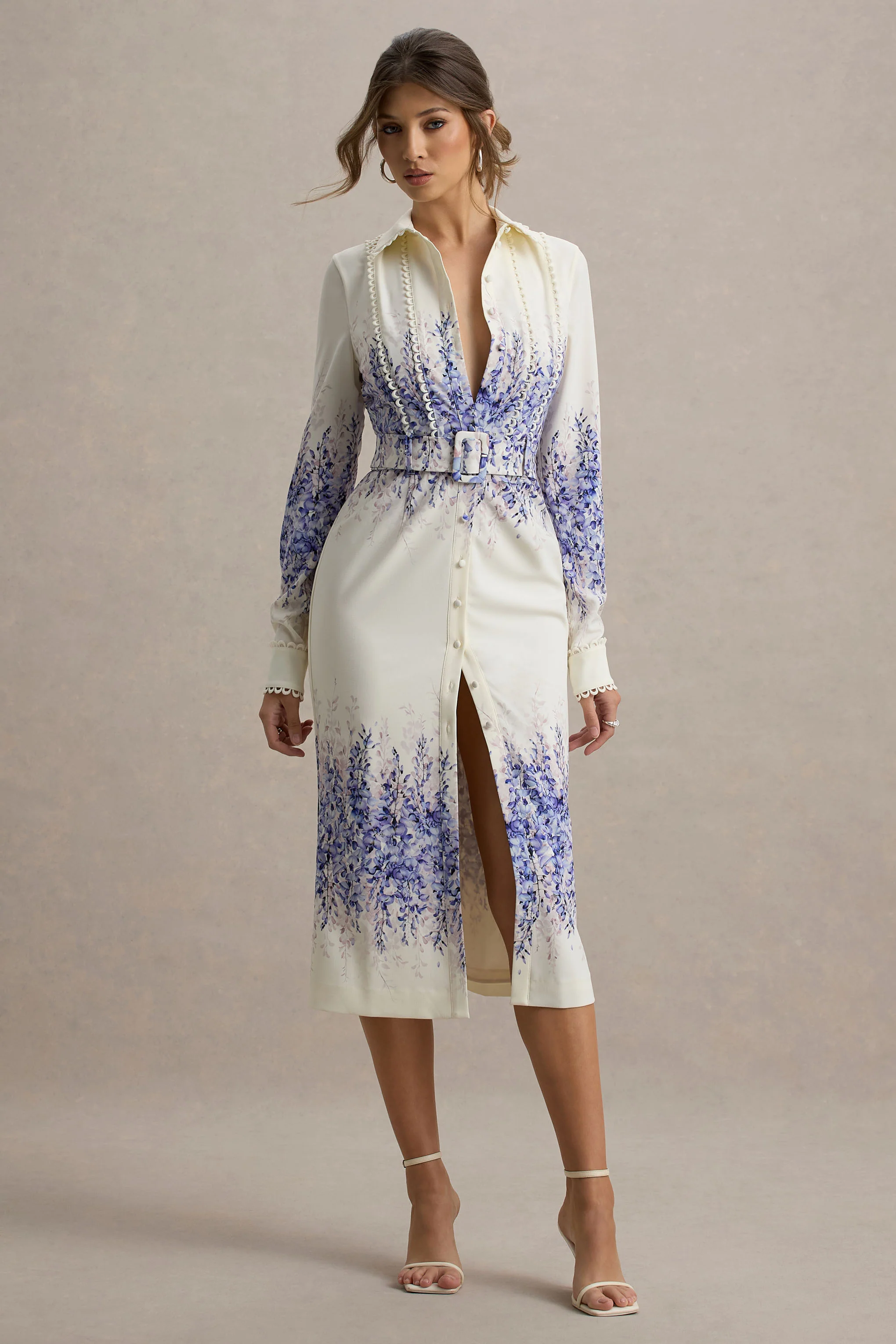 Zephy | Wisteria Print Belted Shirt Midi Dress