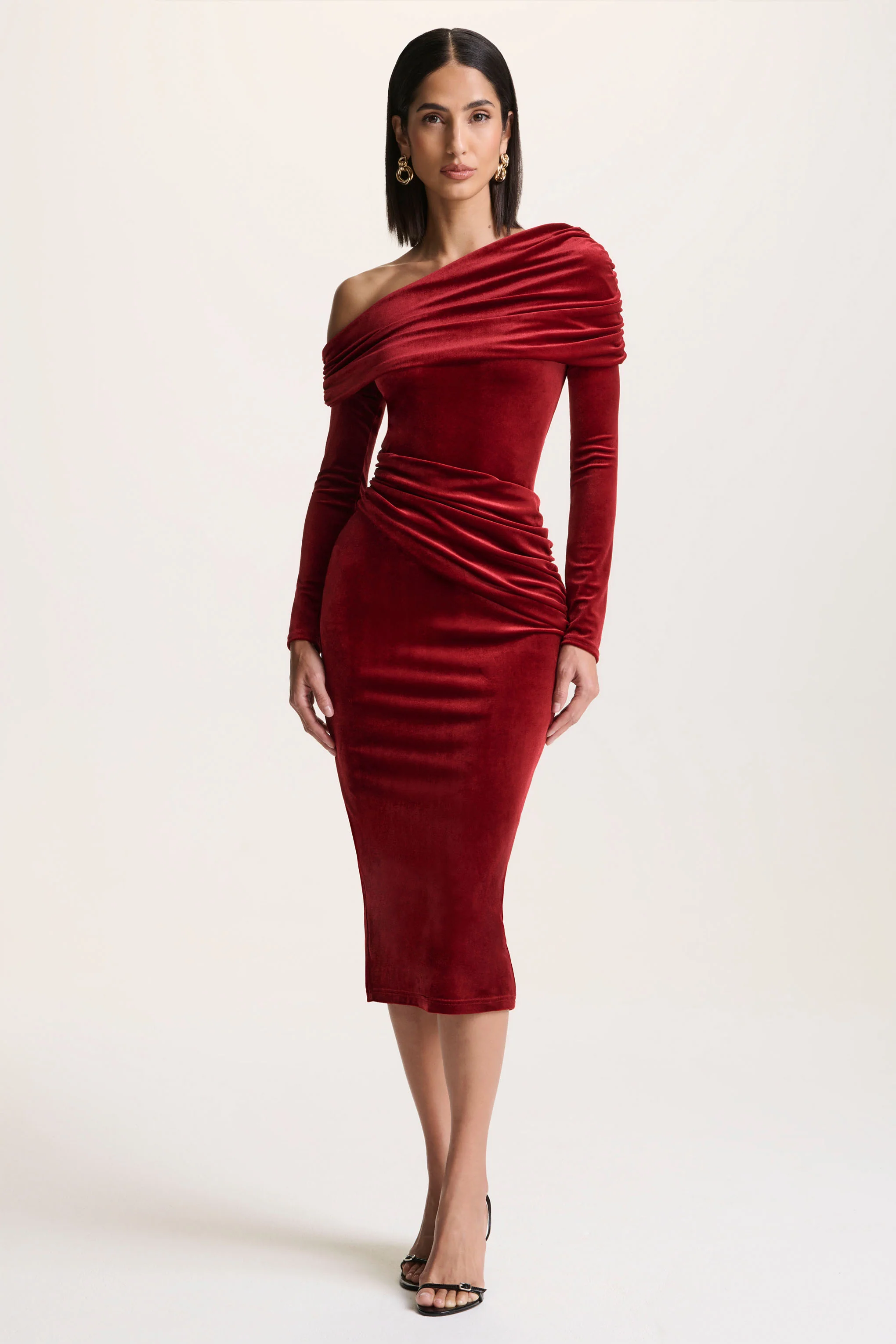 Eirene |  Red Velvet Asymmetric-Neck Midi Dress