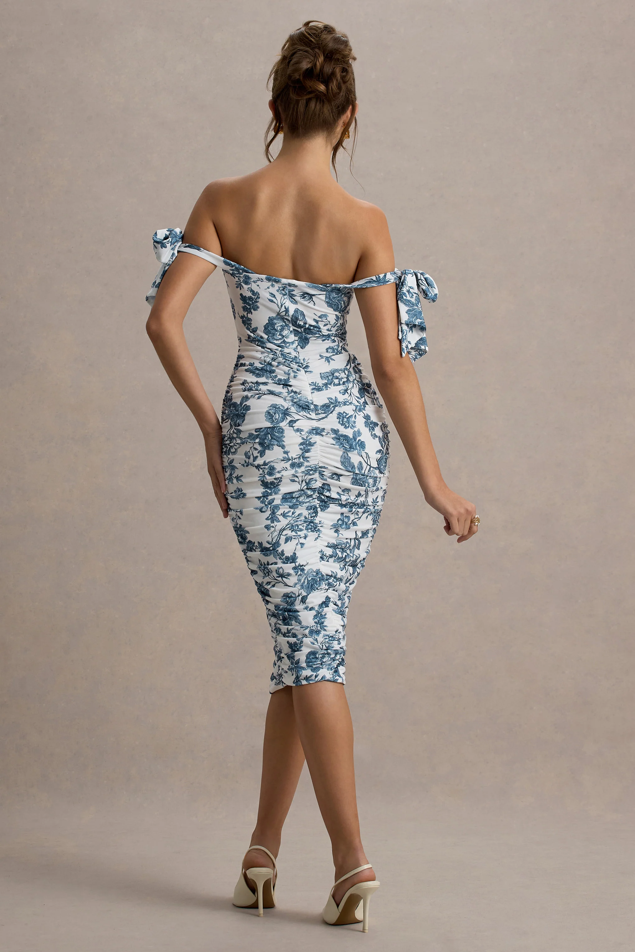 Citrus | Blue Porcelain Print Bardot Bodycon Midi Dress With Bow Sleeves