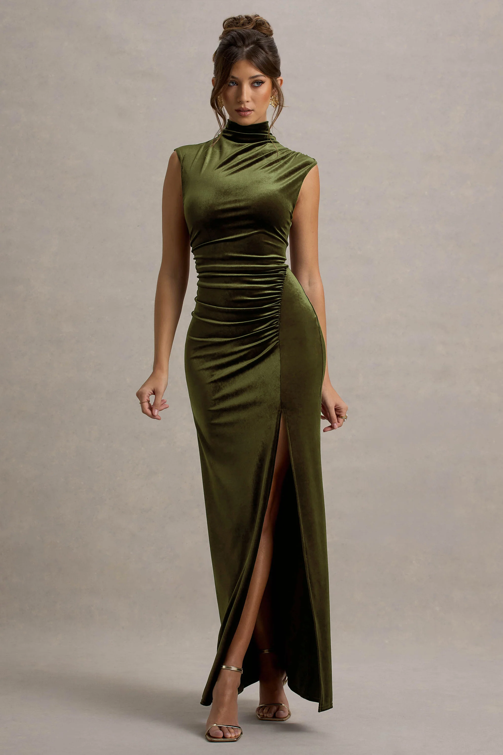 Abilene | Olive Velvet High-Neck Split Maxi Dress