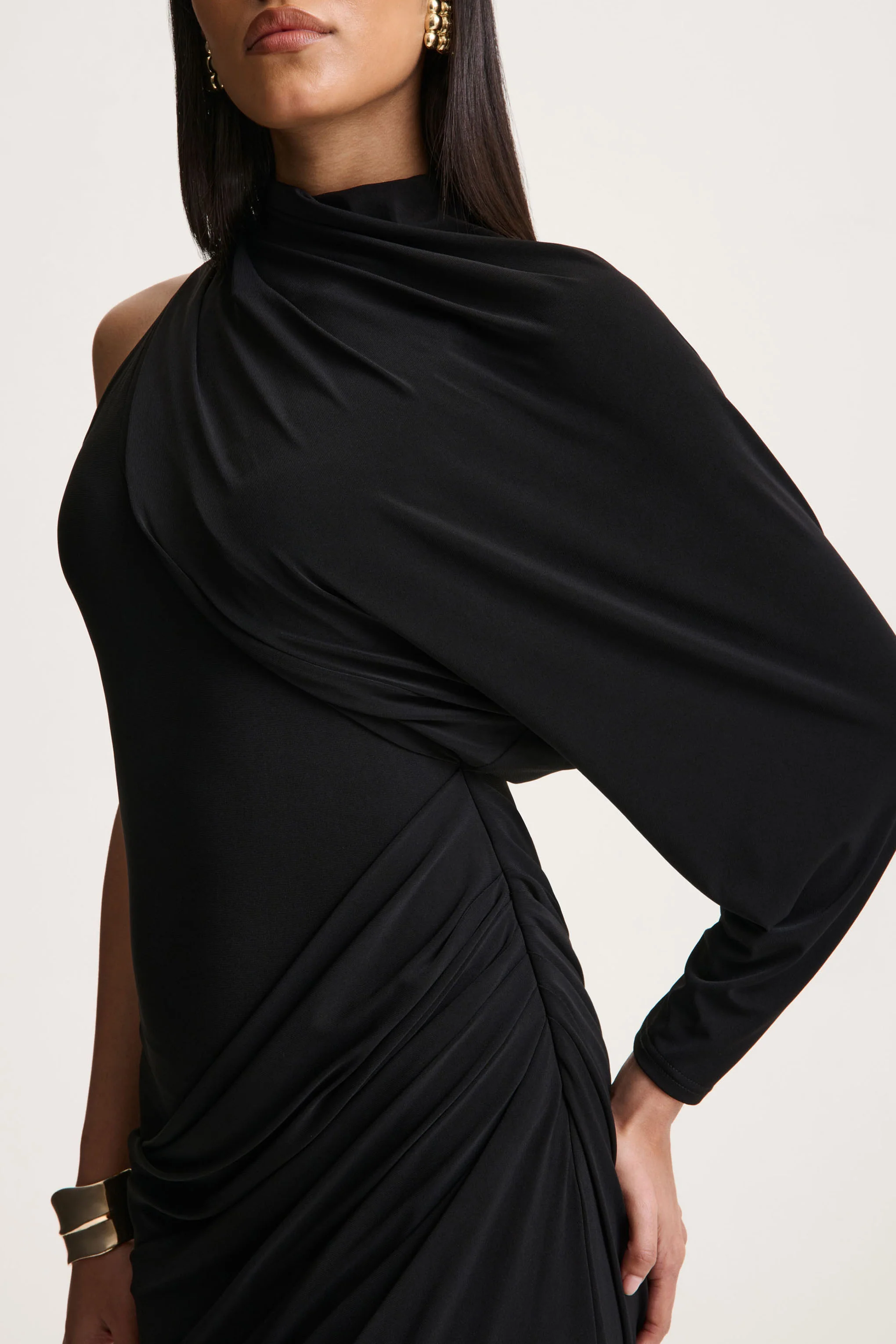 Aphra | Black High-Neck Maxi Dress With Cape-Sleeve