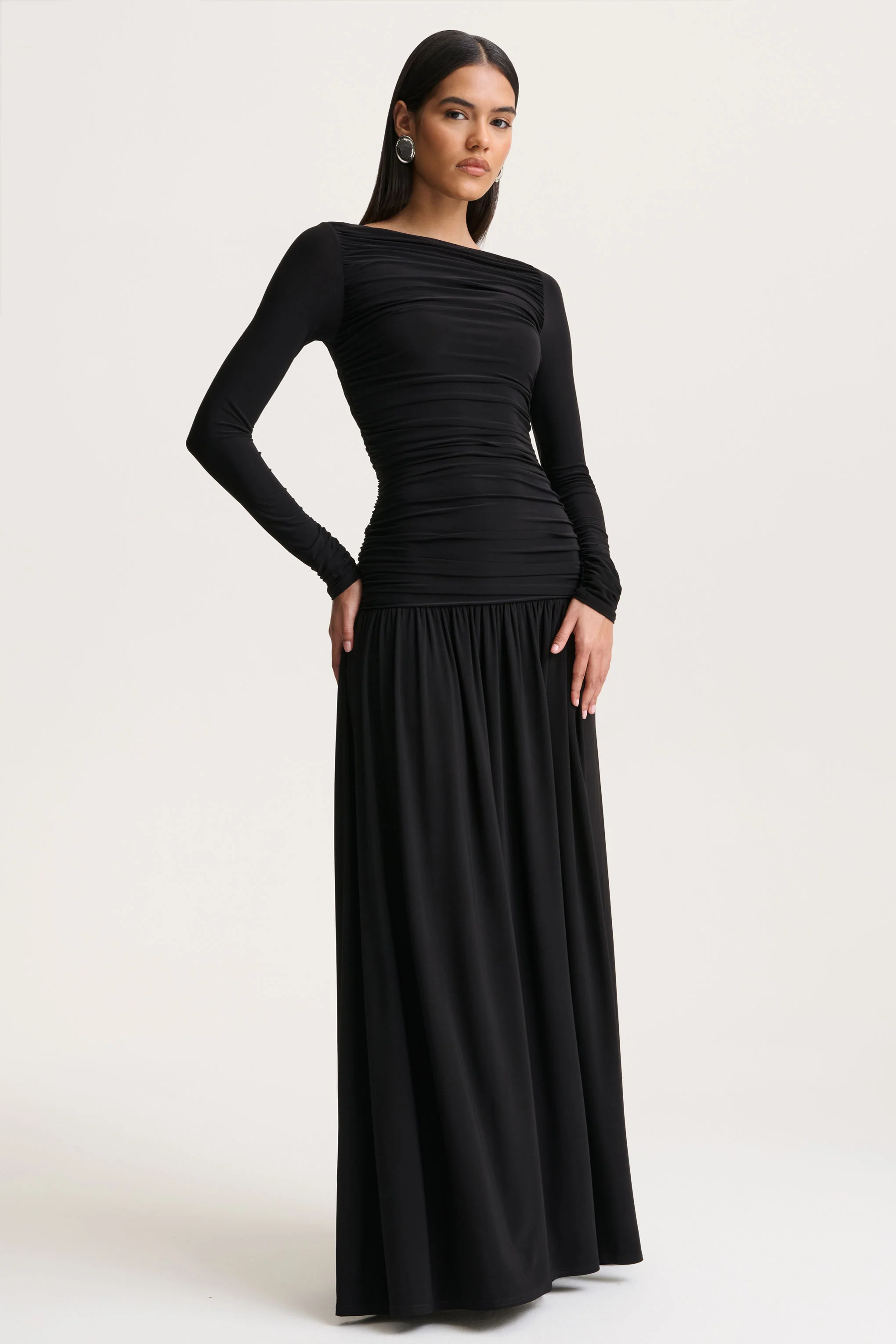 Aniyah | Black High-Neck Maxi Dress With Ruched Detailing