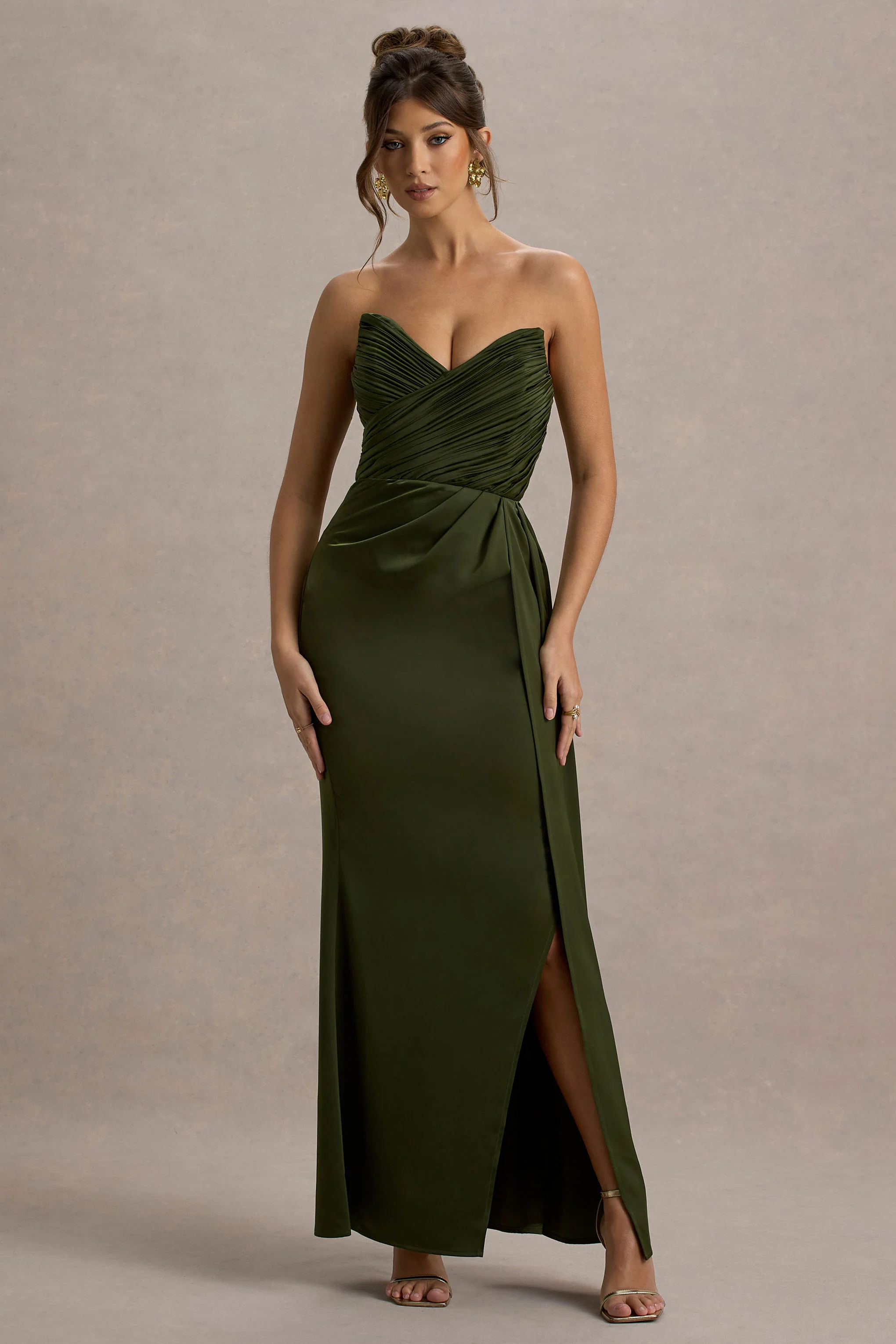 Edel | Olive Satin Strapless Maxi Dress With Drape