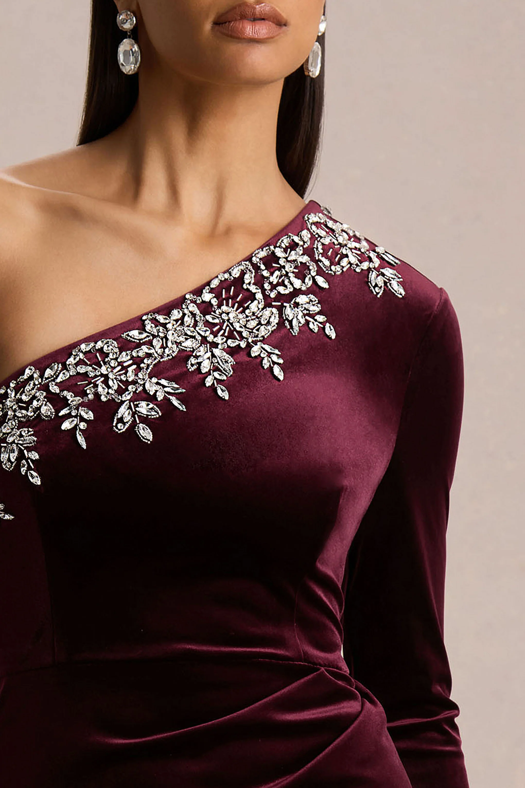 Nyssa | Burgundy Embellished Asymmetric-Neck Maxi Dress