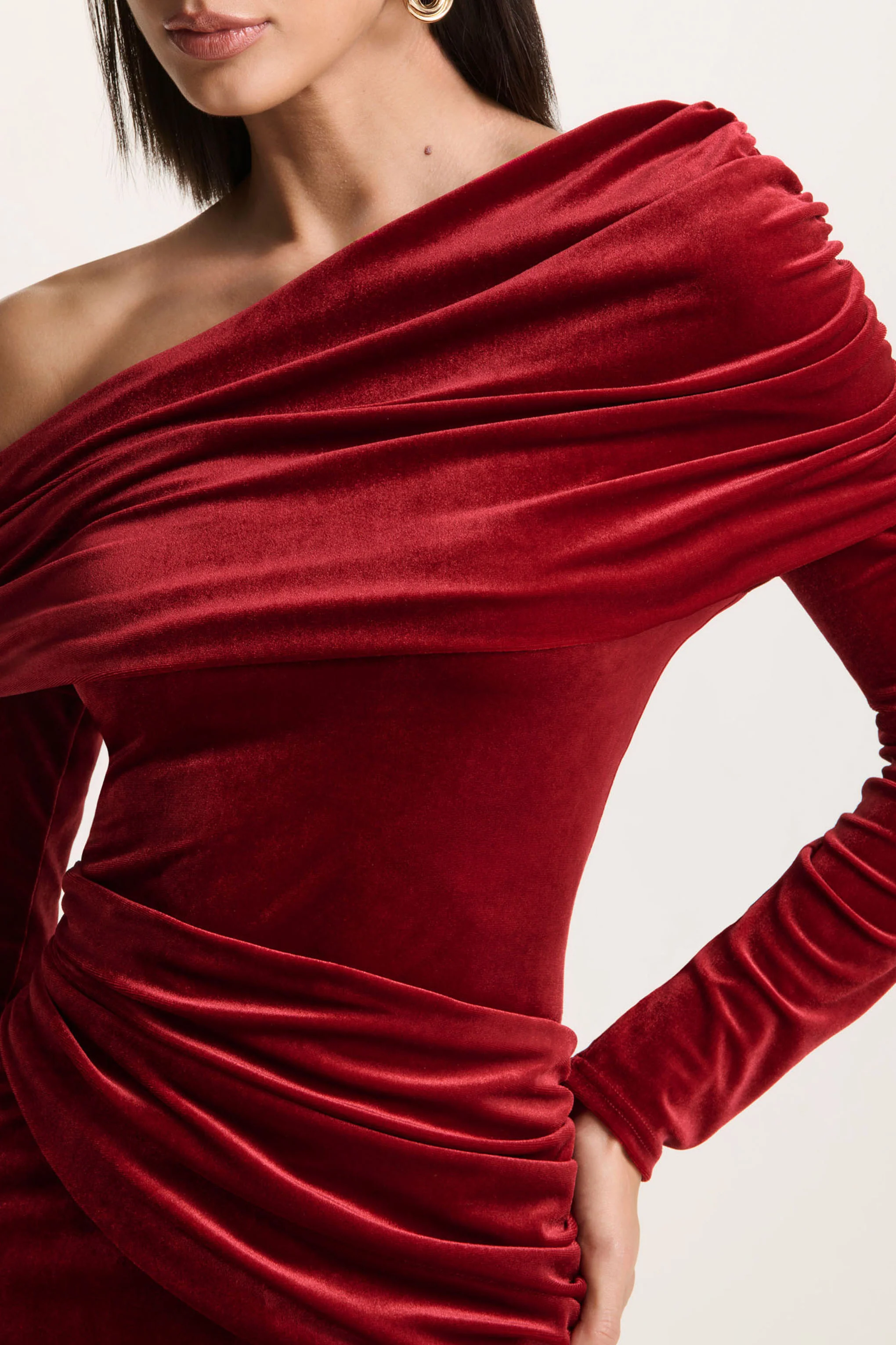 Eirene |  Red Velvet Asymmetric-Neck Midi Dress