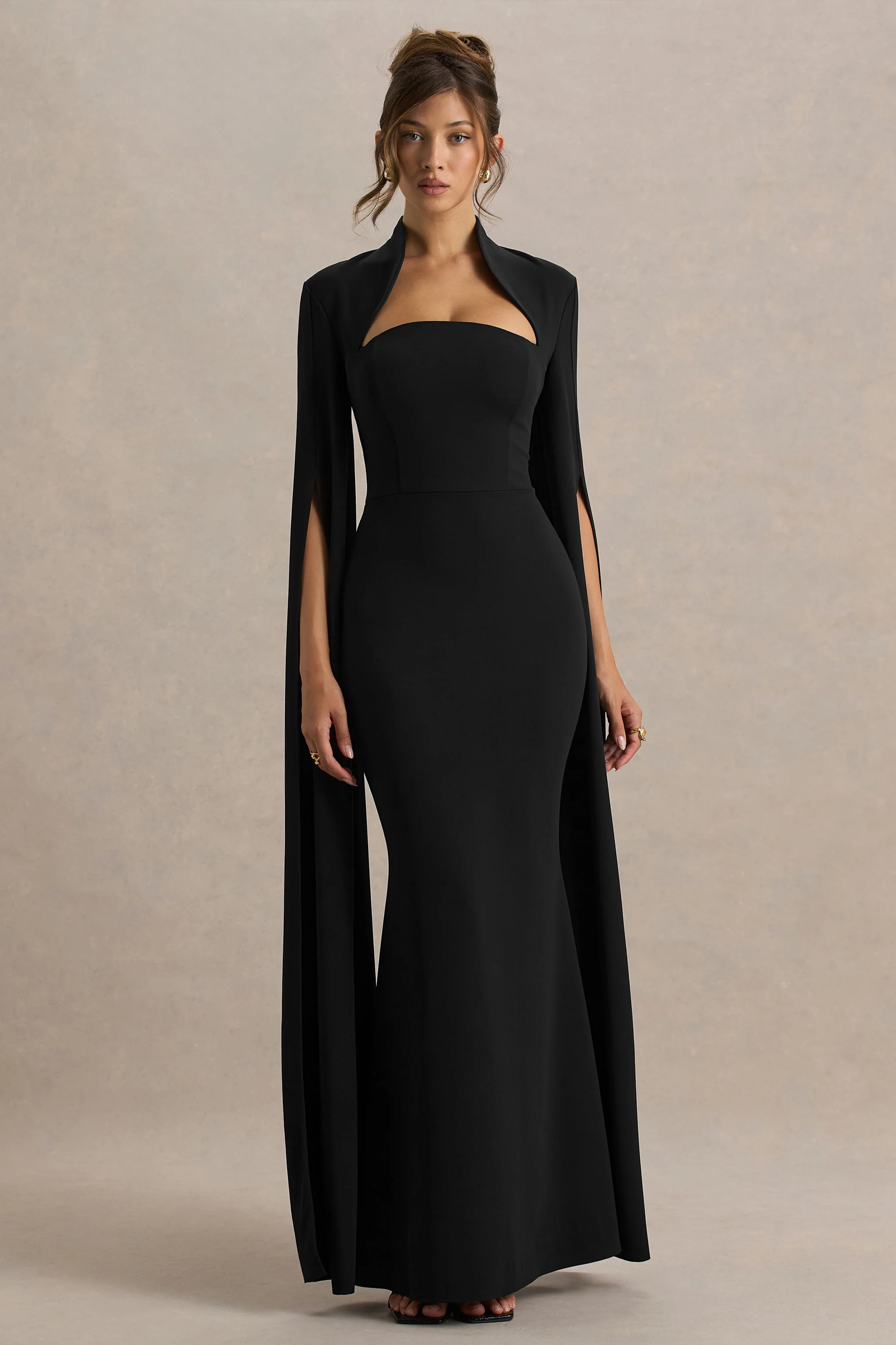 Esme | Black Square-Neck Maxi Dress With Cape Sleeves