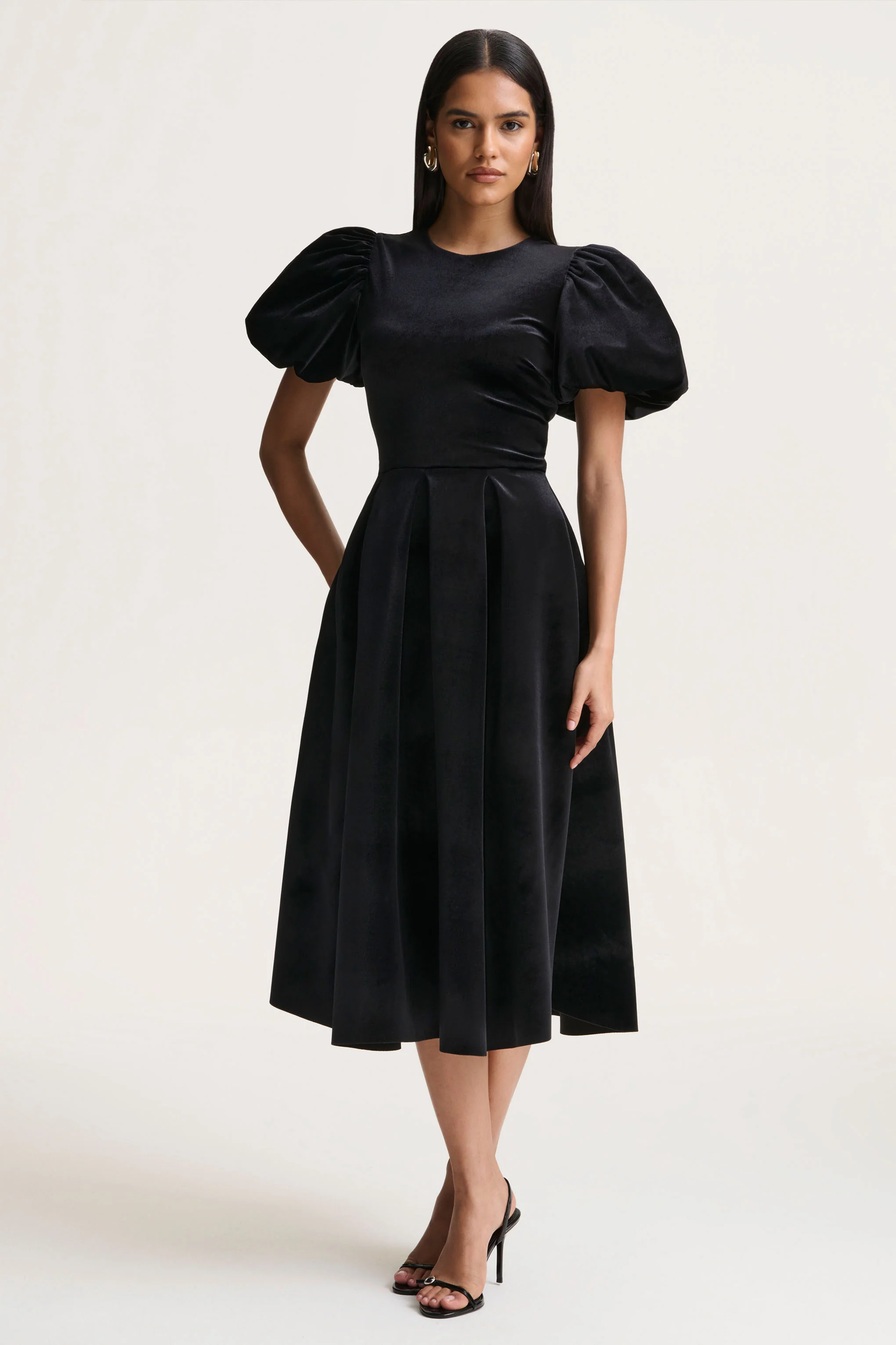 Seraphic | Black Velvet Puff-Sleeve Midi Dress