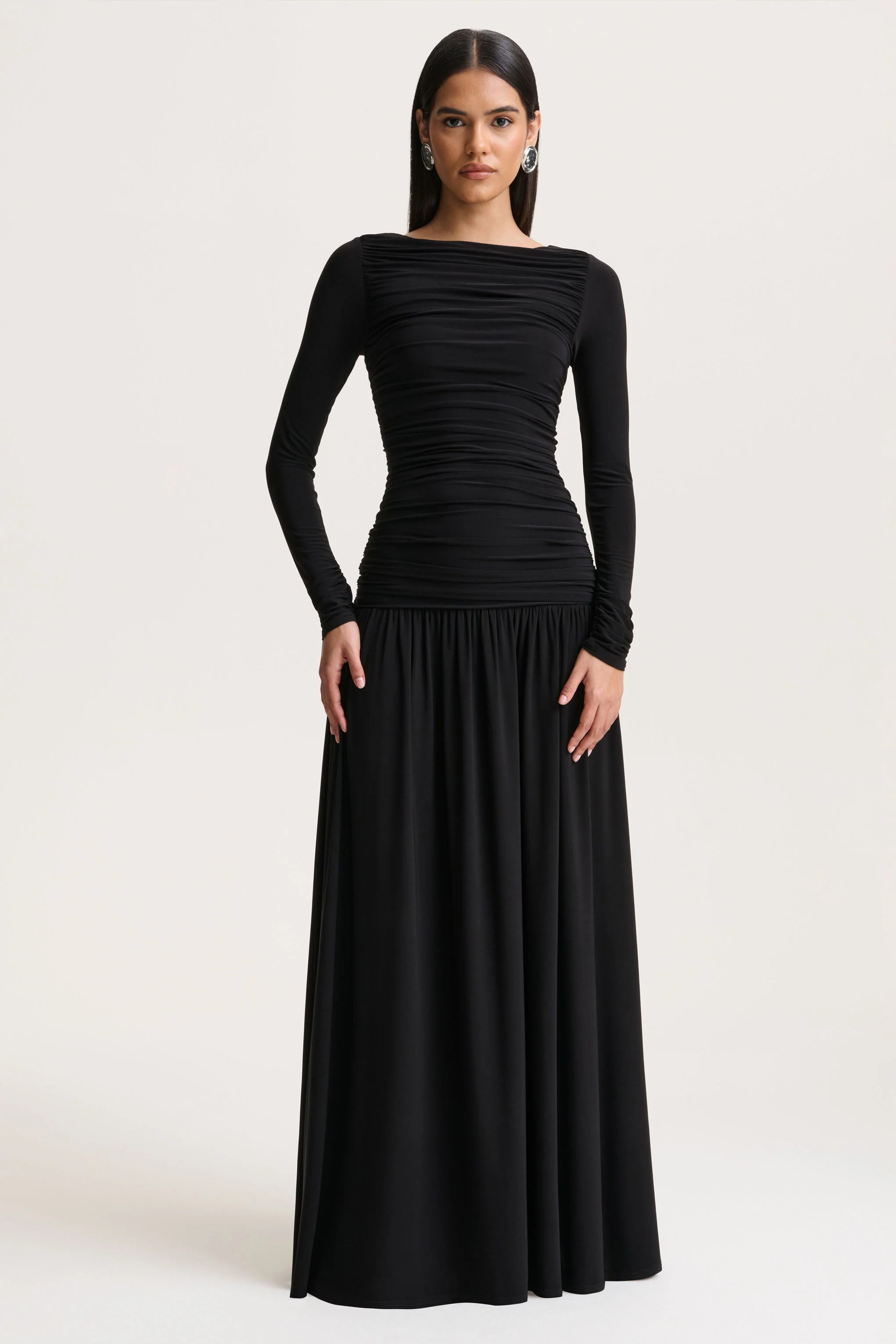 Aniyah | Black High-Neck Maxi Dress With Ruched Detailing