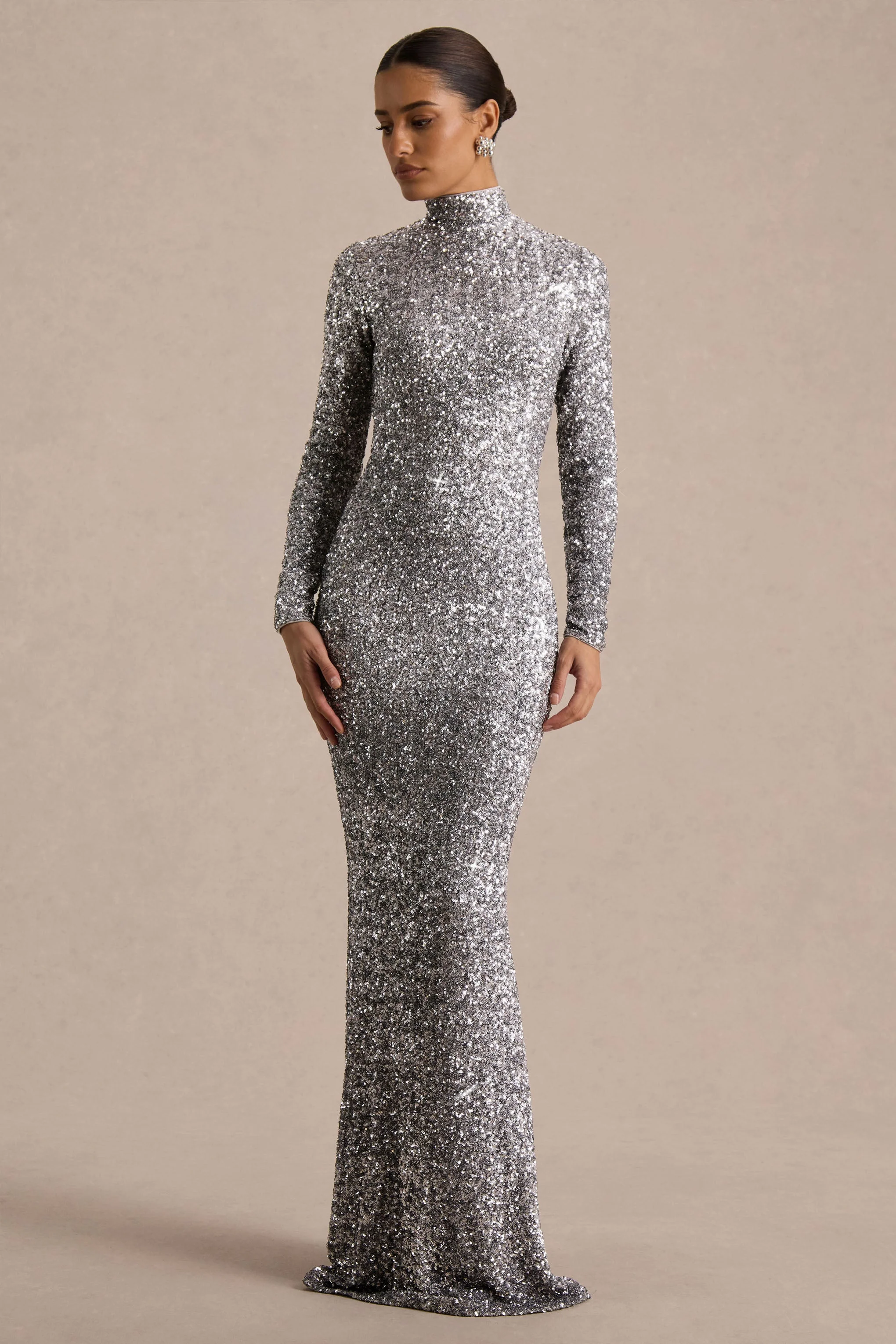 Galaxy | Silver Sequin Turtle-Neck Long-Sleeve Maxi Dress
