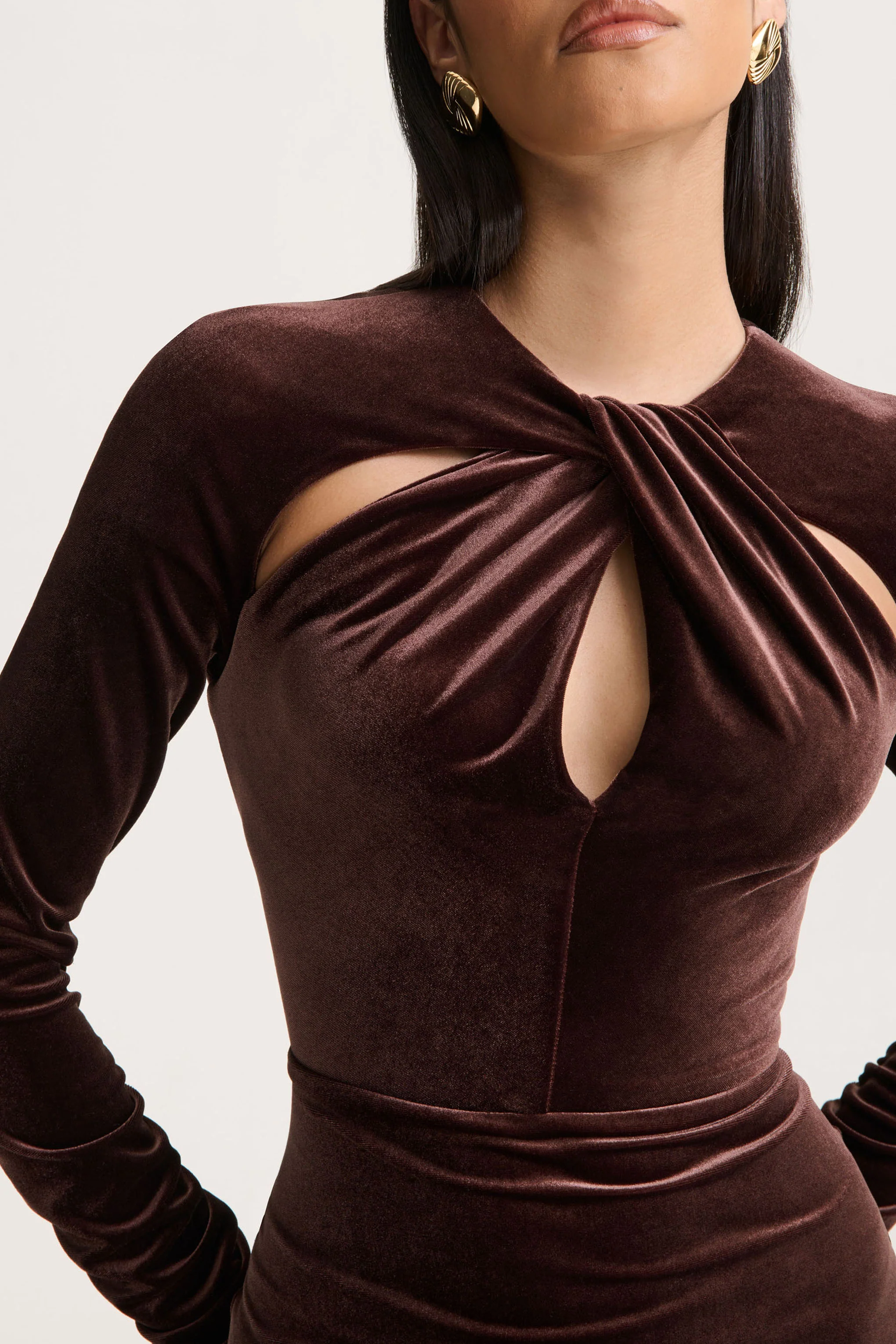 Francine | Brown Velvet Round-Neck Midi Dress With Cut-Out Details