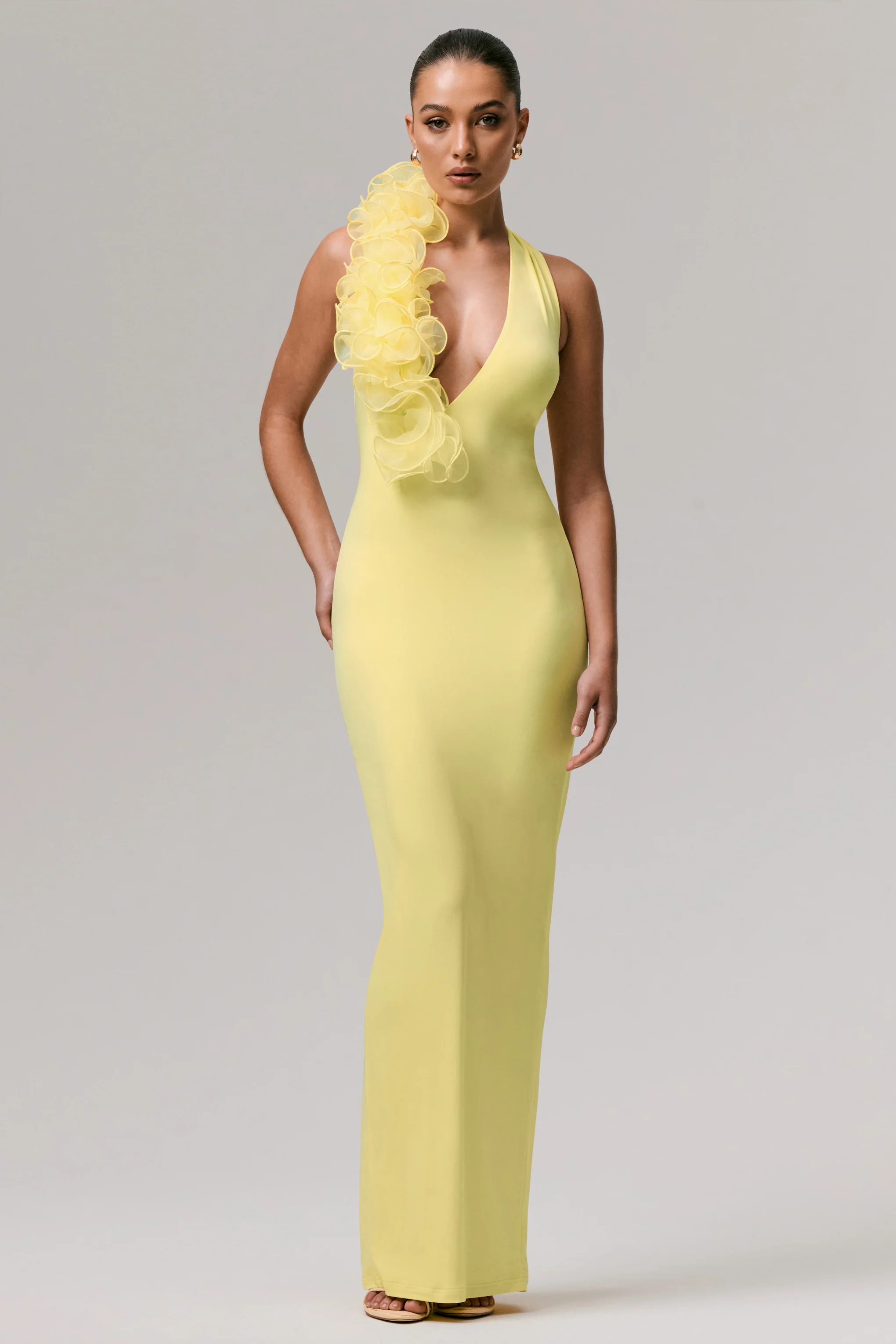 Harriet | Lemon Plunge-Neck Maxi Dress With Floral Detail