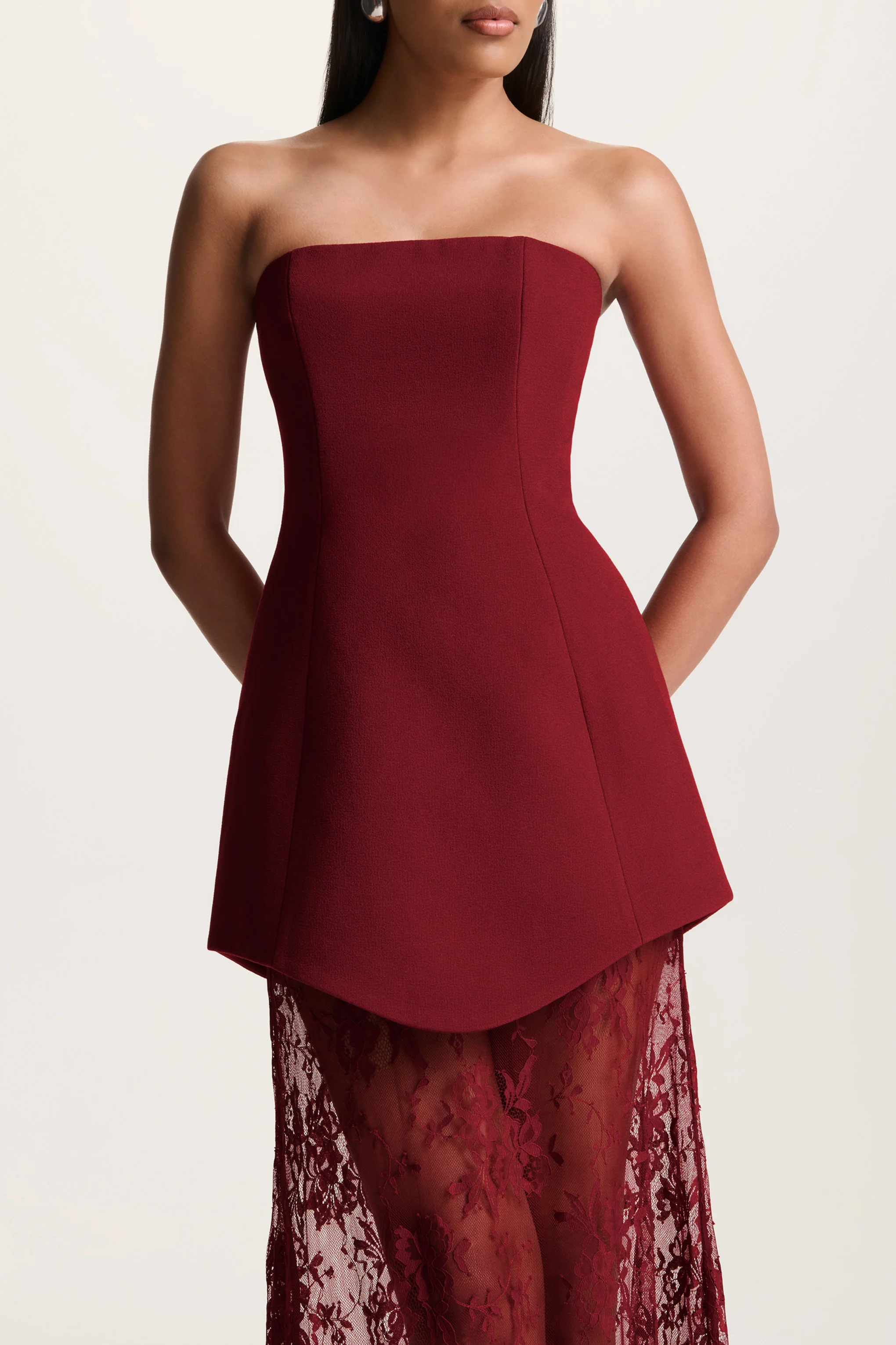 Brandi | Burgundy Bandeau Maxi Dress With Lace Skirt