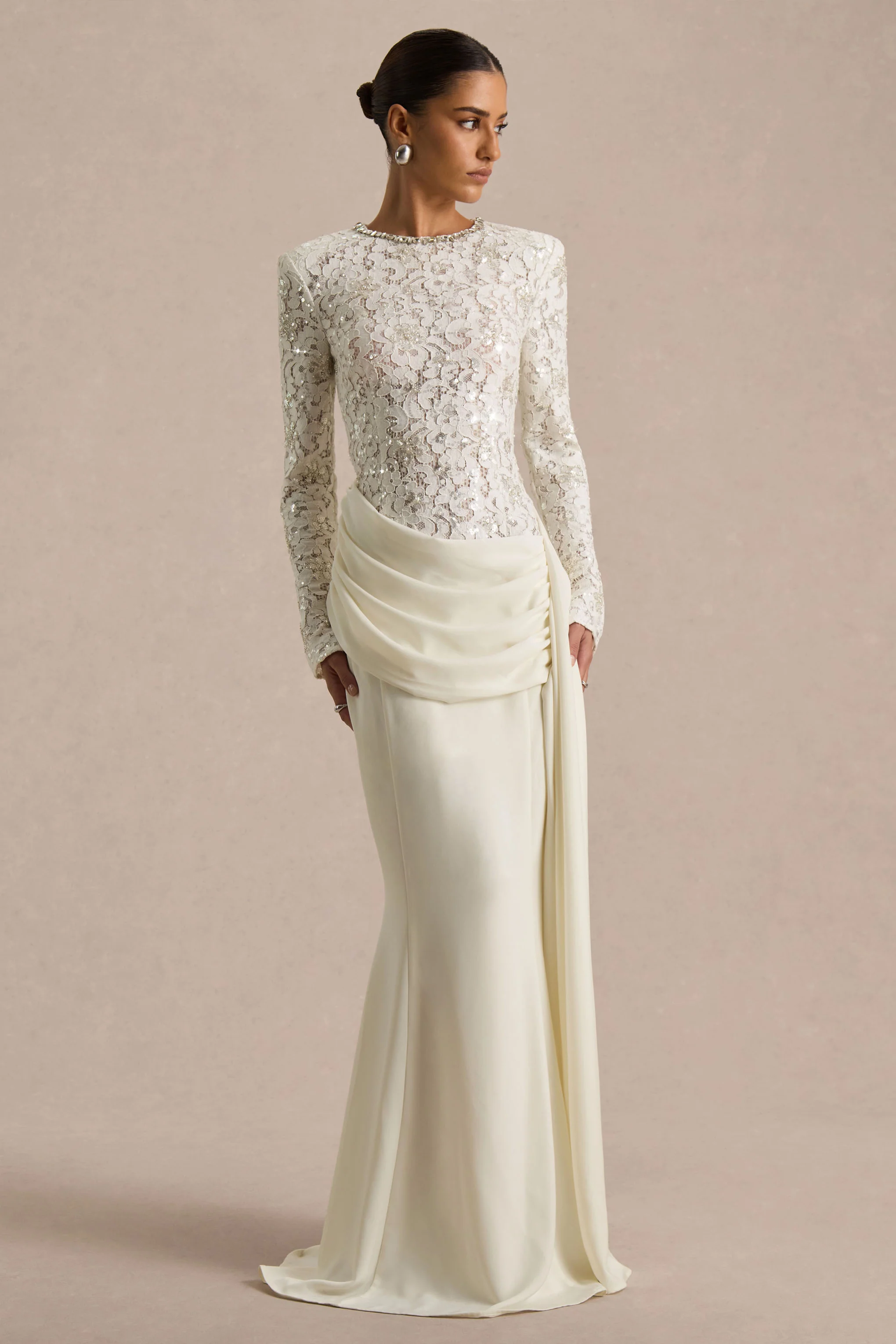 Beau | Ecru Lace Embellished Crew-Neck Maxi Dress With Draped Detail