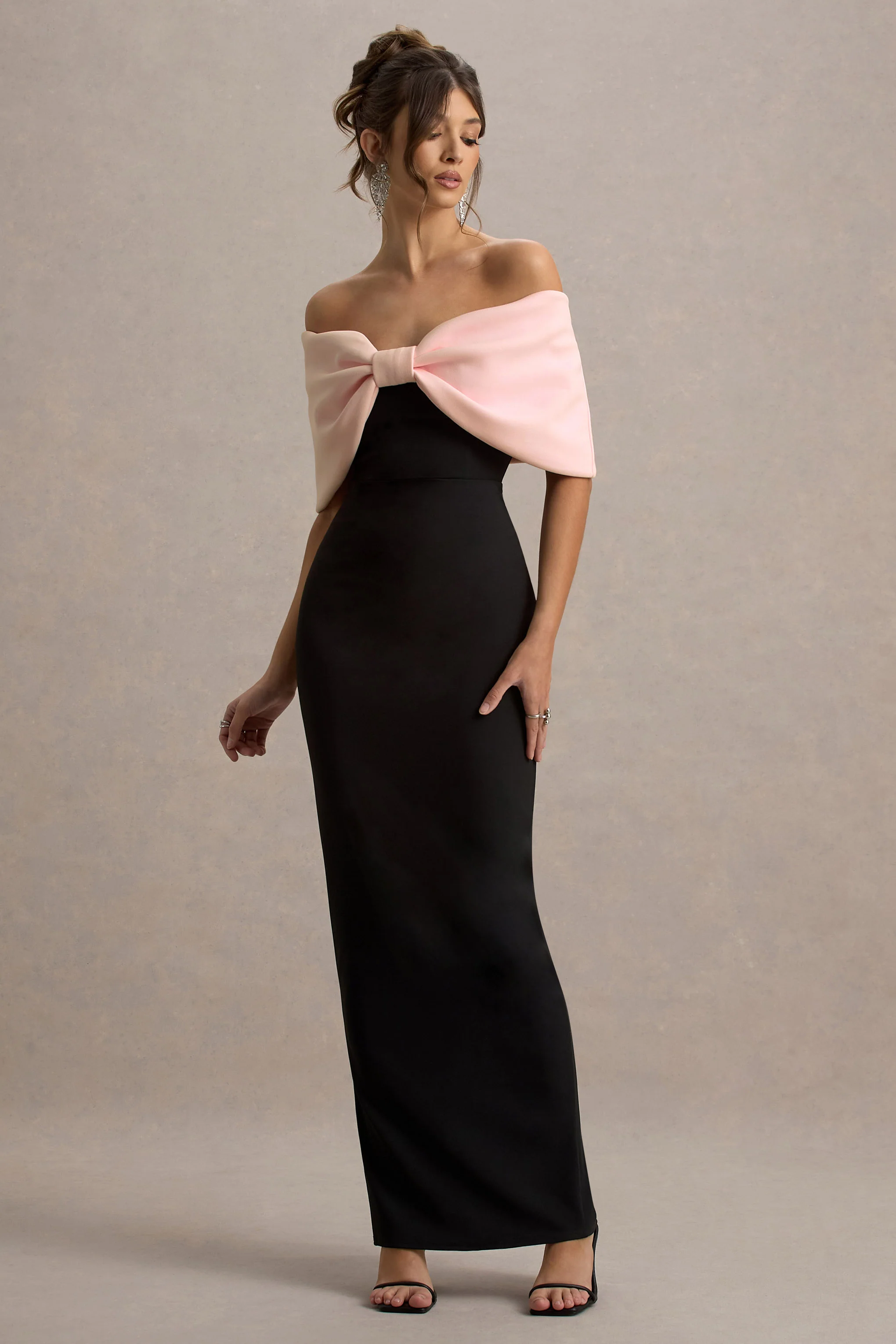Cornelia | Pink & Black Strapless Maxi Dress With Oversized Bow