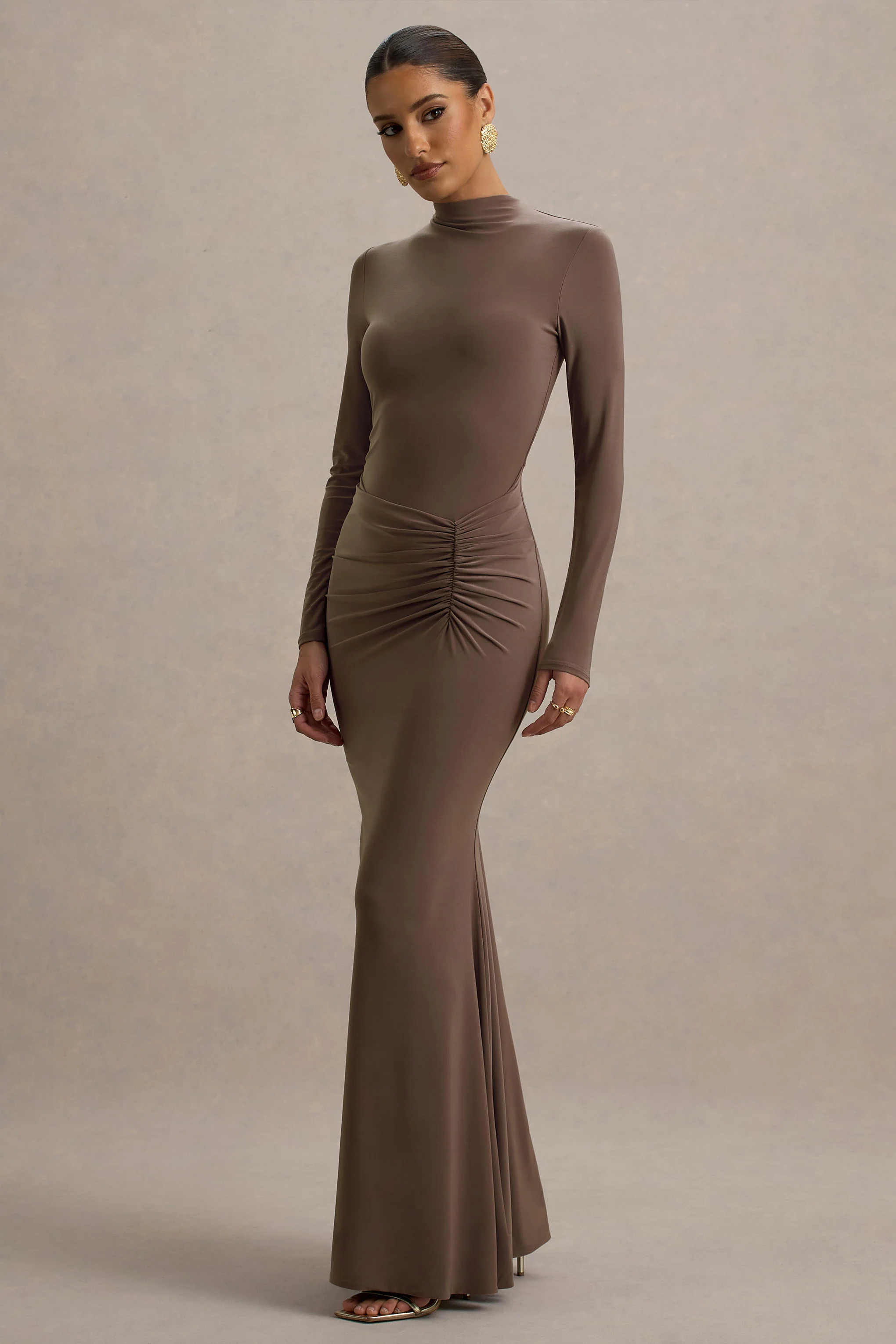 Reid | Brown Long-Sleeve Gathered Maxi Dress