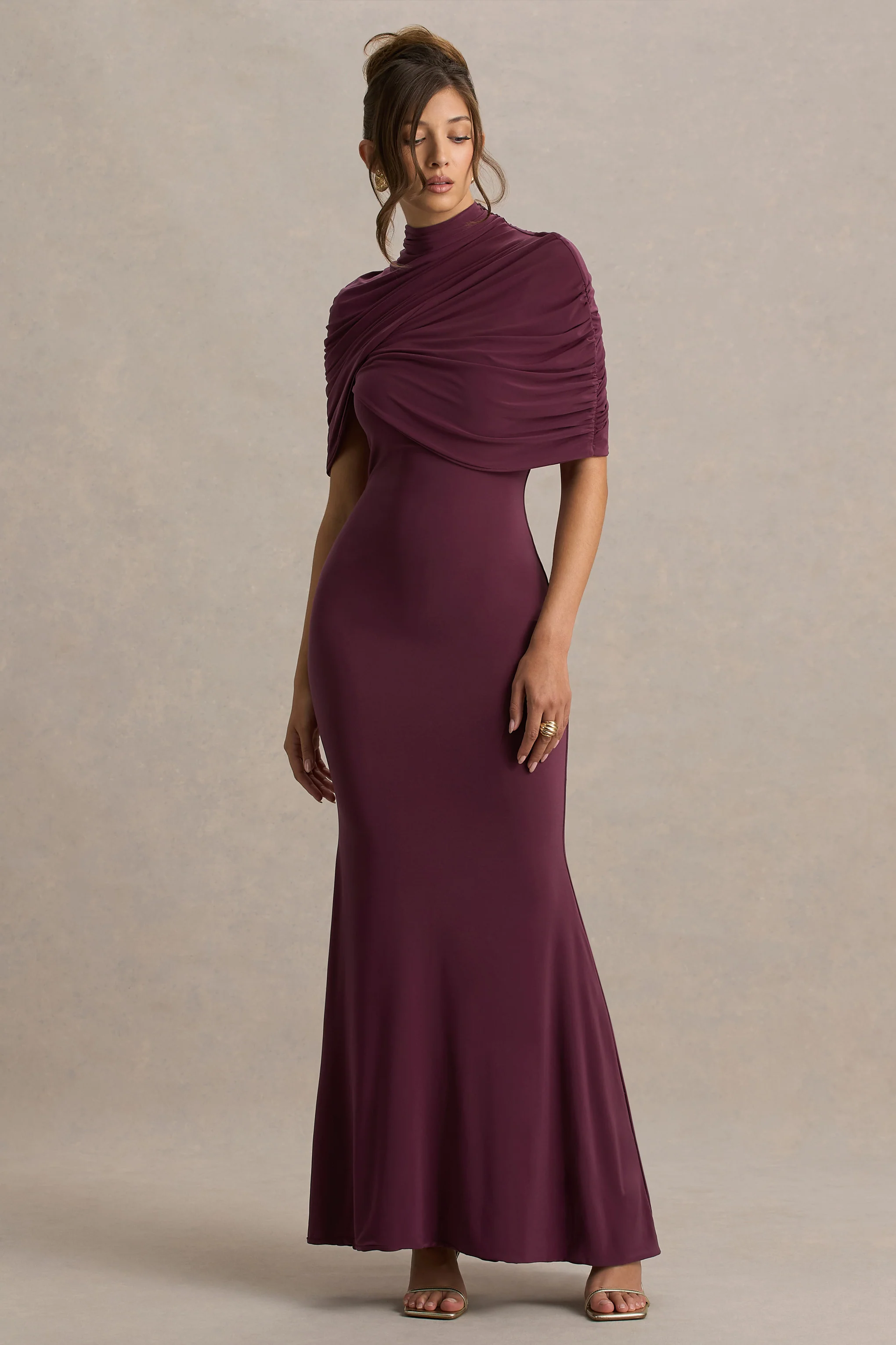 Cleora | Burgundy Twist Cape Maxi Dress