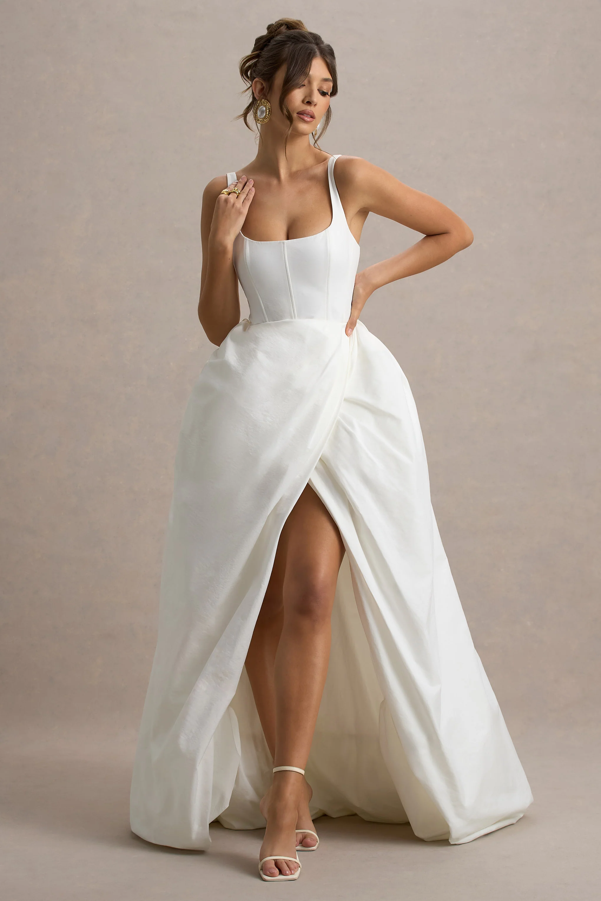 Infinite | White Strappy Maxi Dress With Volume High-Low Skirt