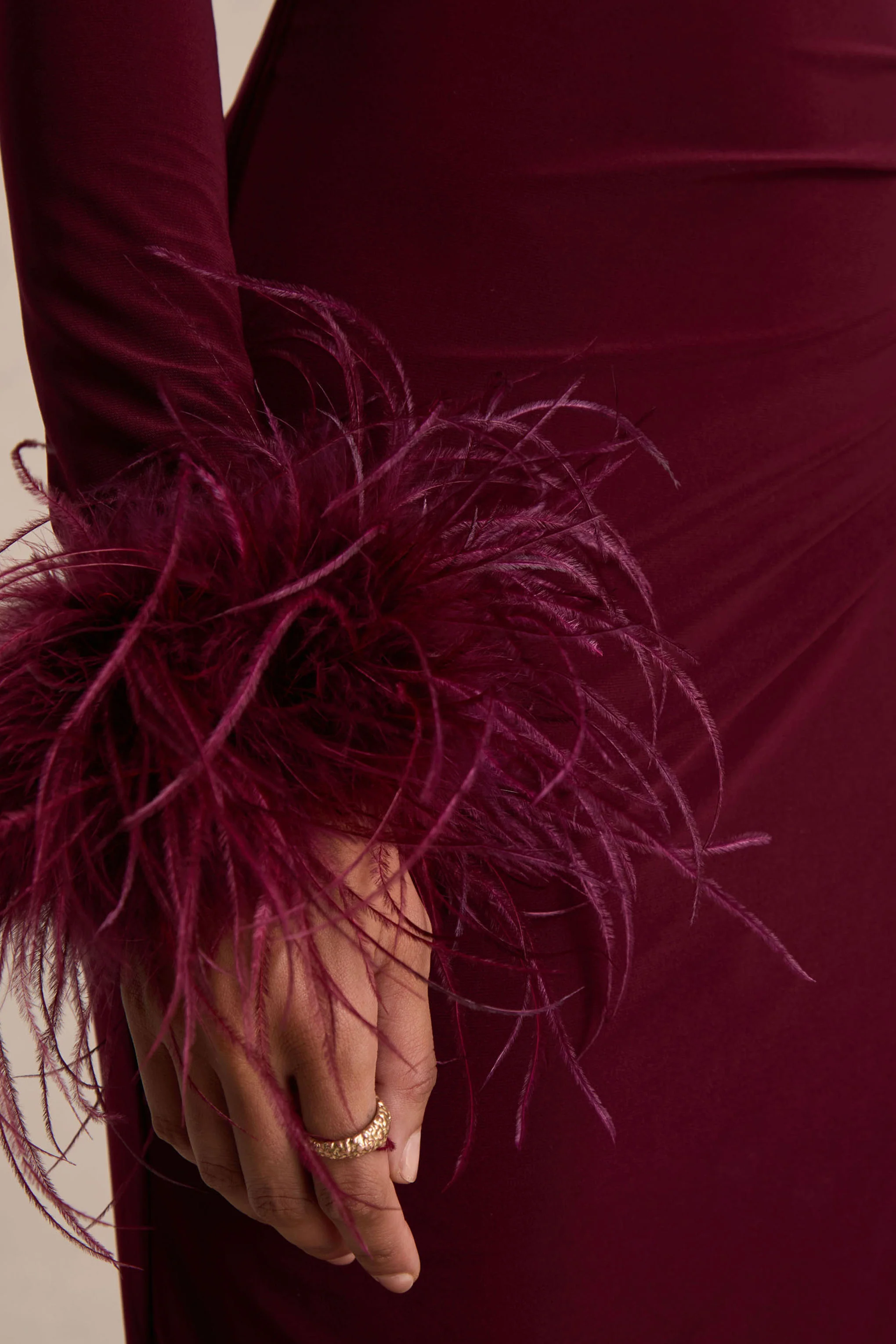 Gatsby | Burgundy High-Neck Maxi Dress With Feather Trim Cuffs