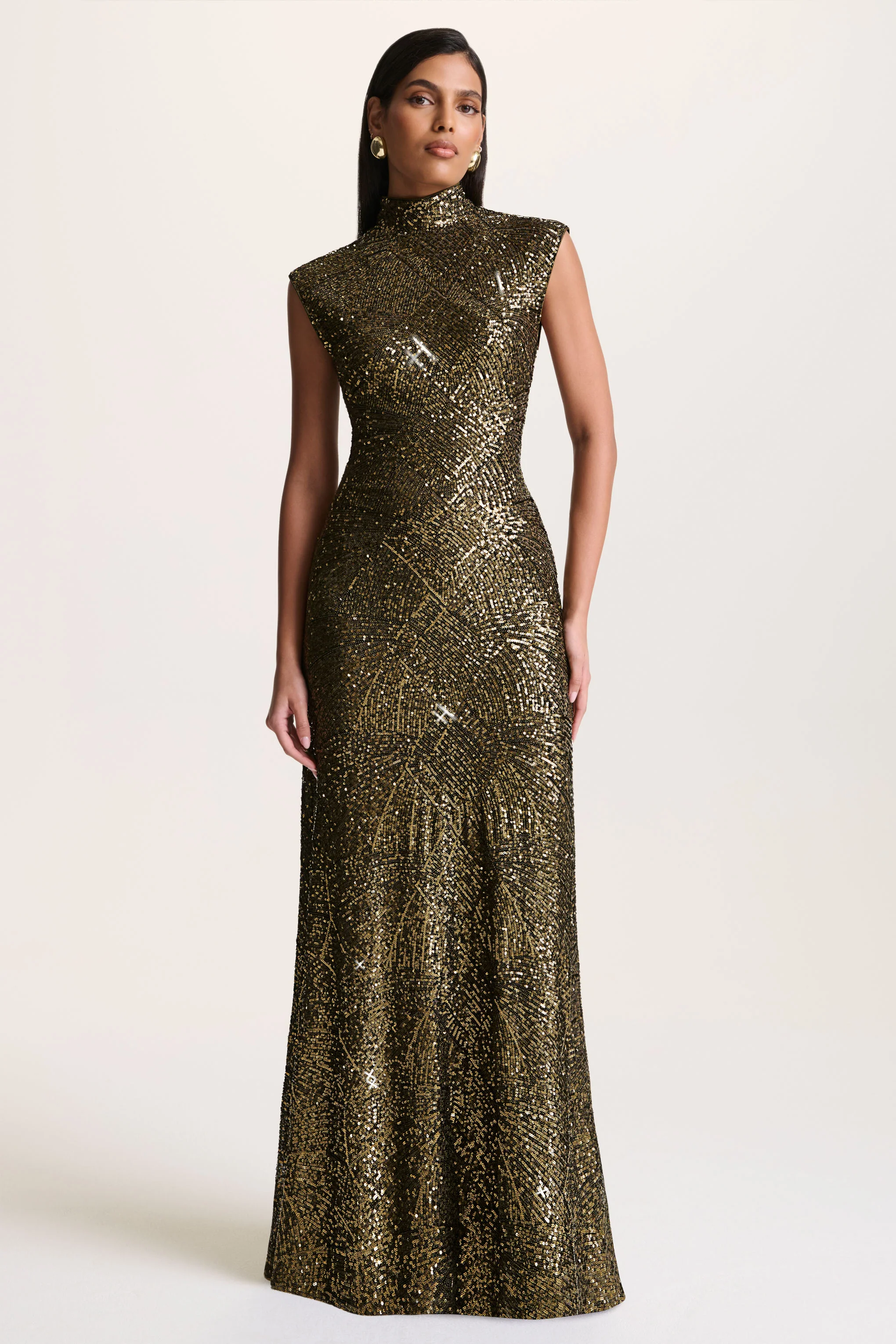 Cecy | Khaki Sequin High-Neck Maxi Dress With Cap Sleeves