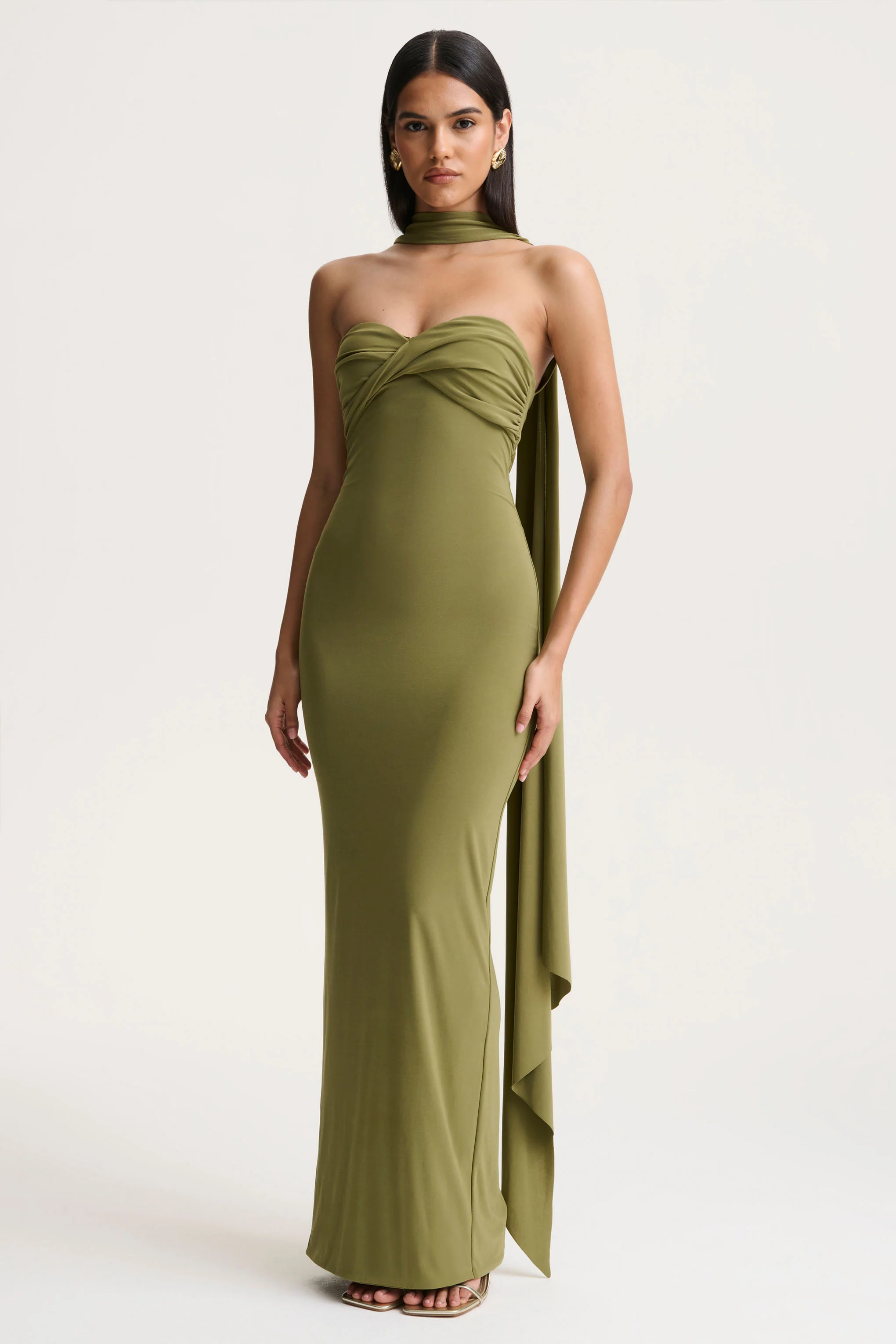 Sheila | Olive Bandeau Maxi Dress With Scarf Detail