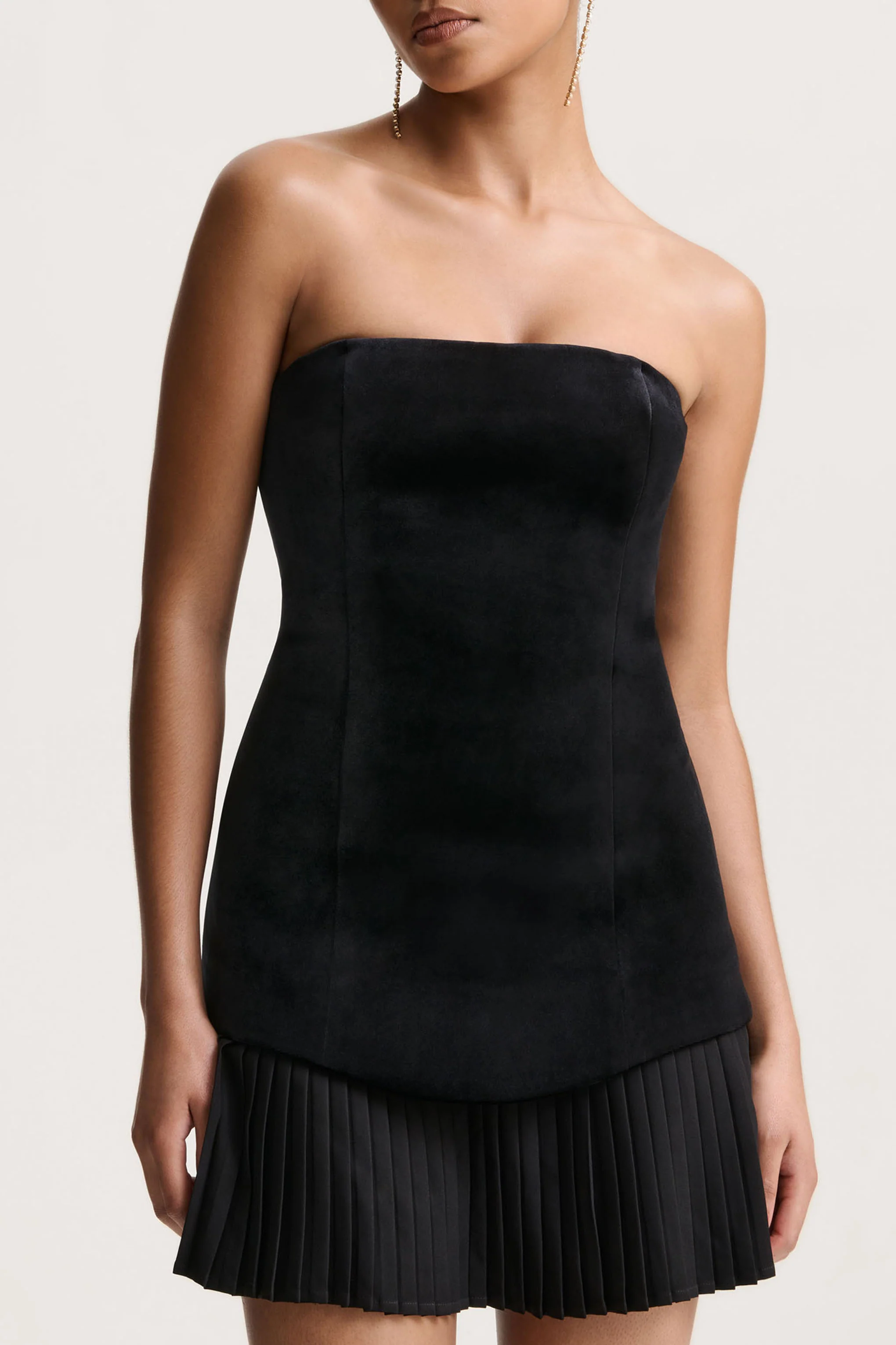 Valentina | Black Velvet Bandeau Mini Dress With Pleated Detailing