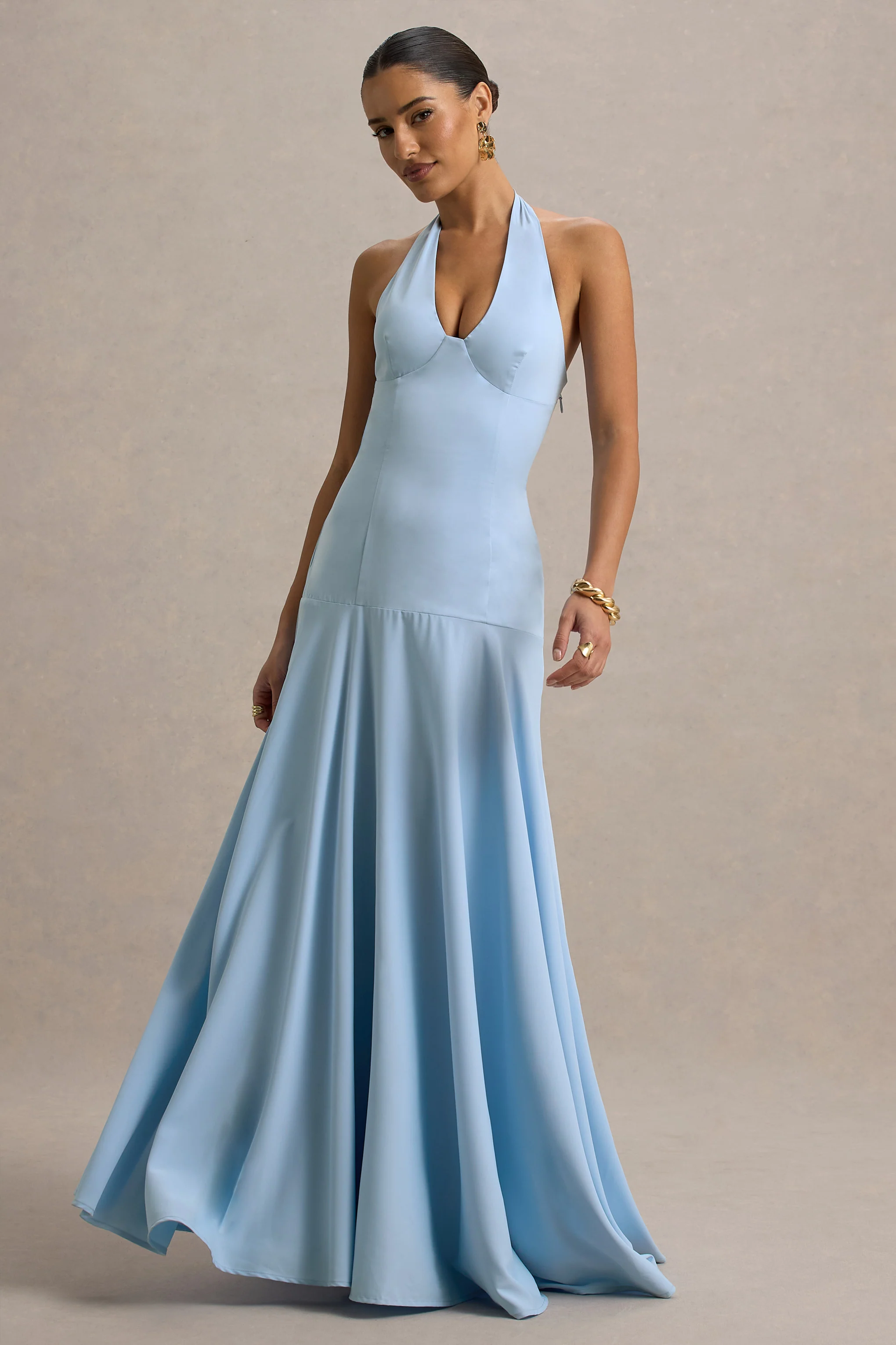Ginevra | Powder Blue Halter-Neck Slip Maxi Dress