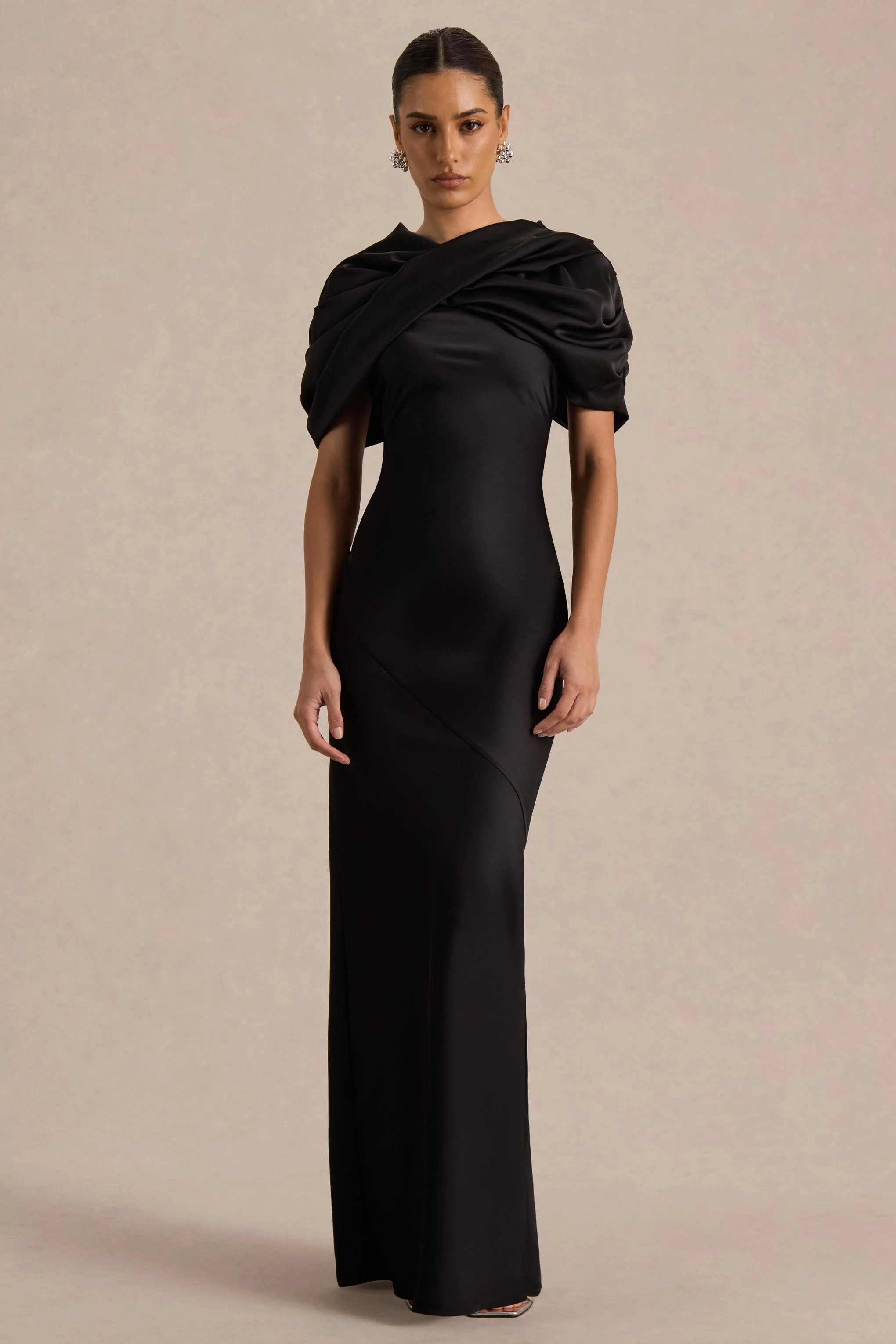Yoli | Black Satin Maxi Dress With Removable Twist-Cape