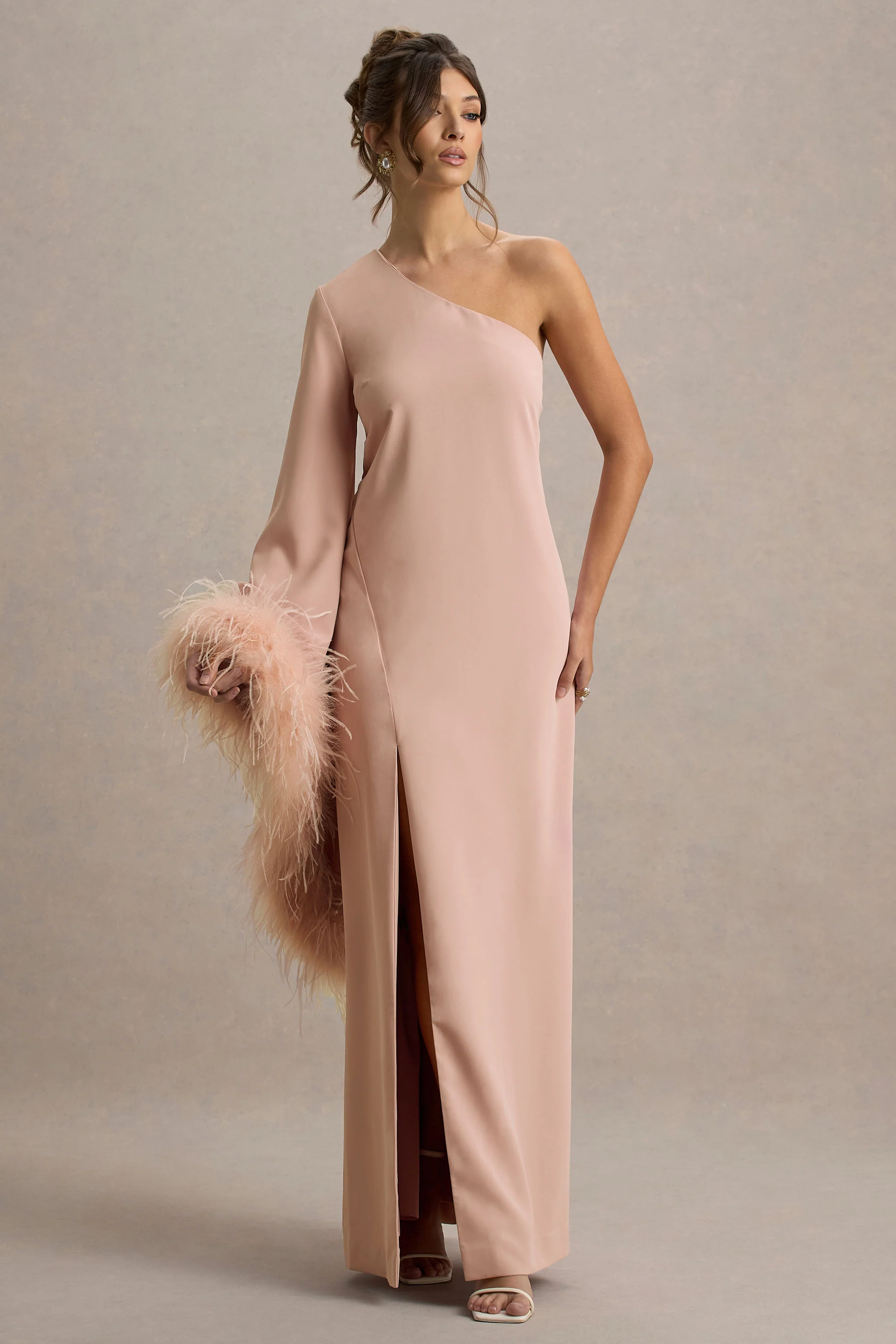 Armina | Blush Pink One-Shoulder Feather-Trim Maxi Dress