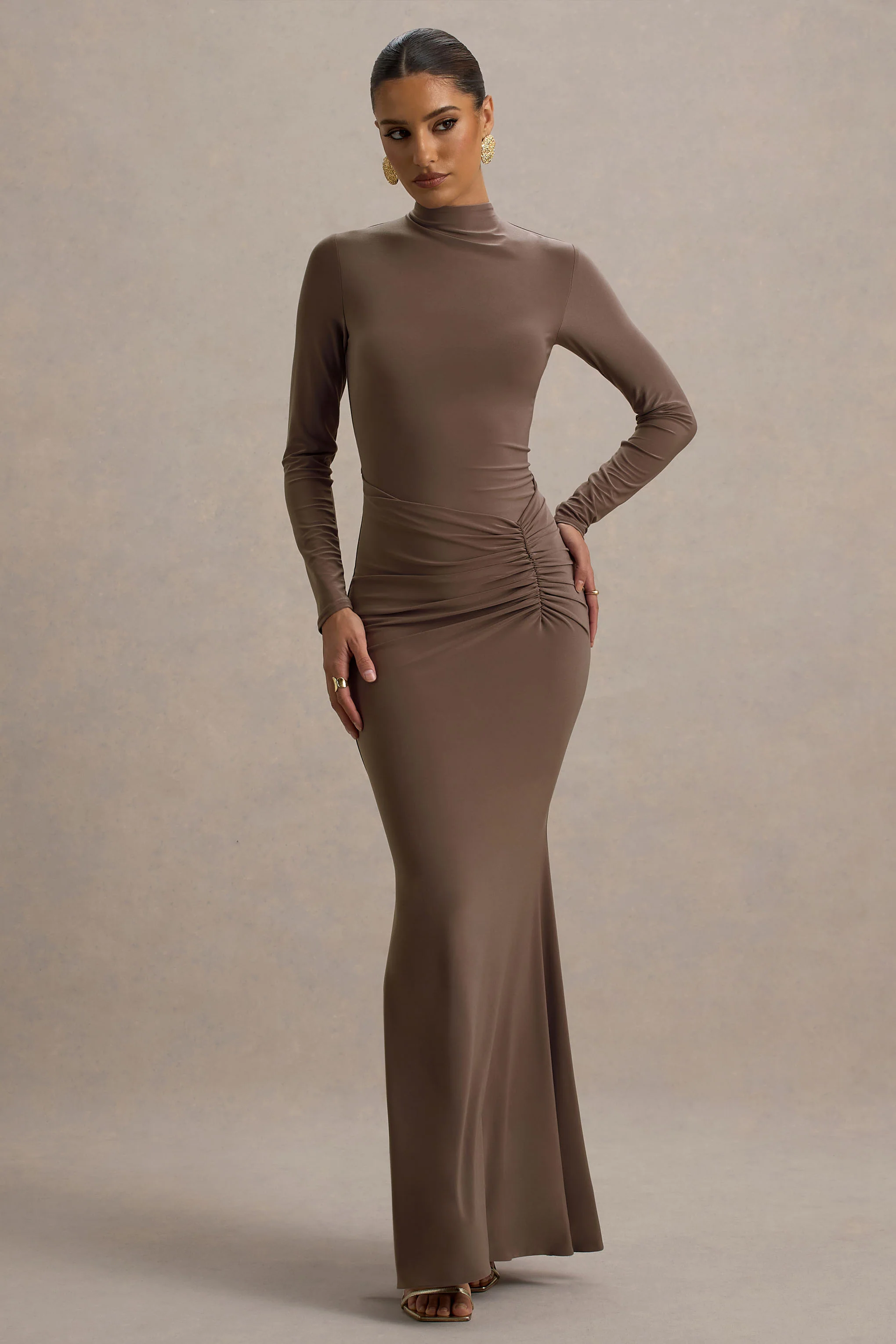Reid | Brown Long-Sleeve Gathered Maxi Dress