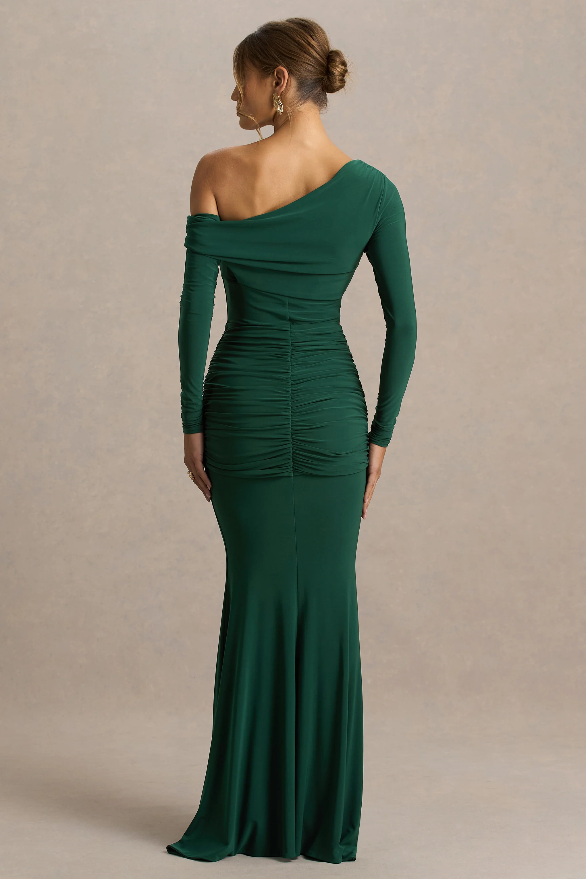 Clover | Dark Green Asymmetric-Neck Wrapped Maxi Dress With Sash